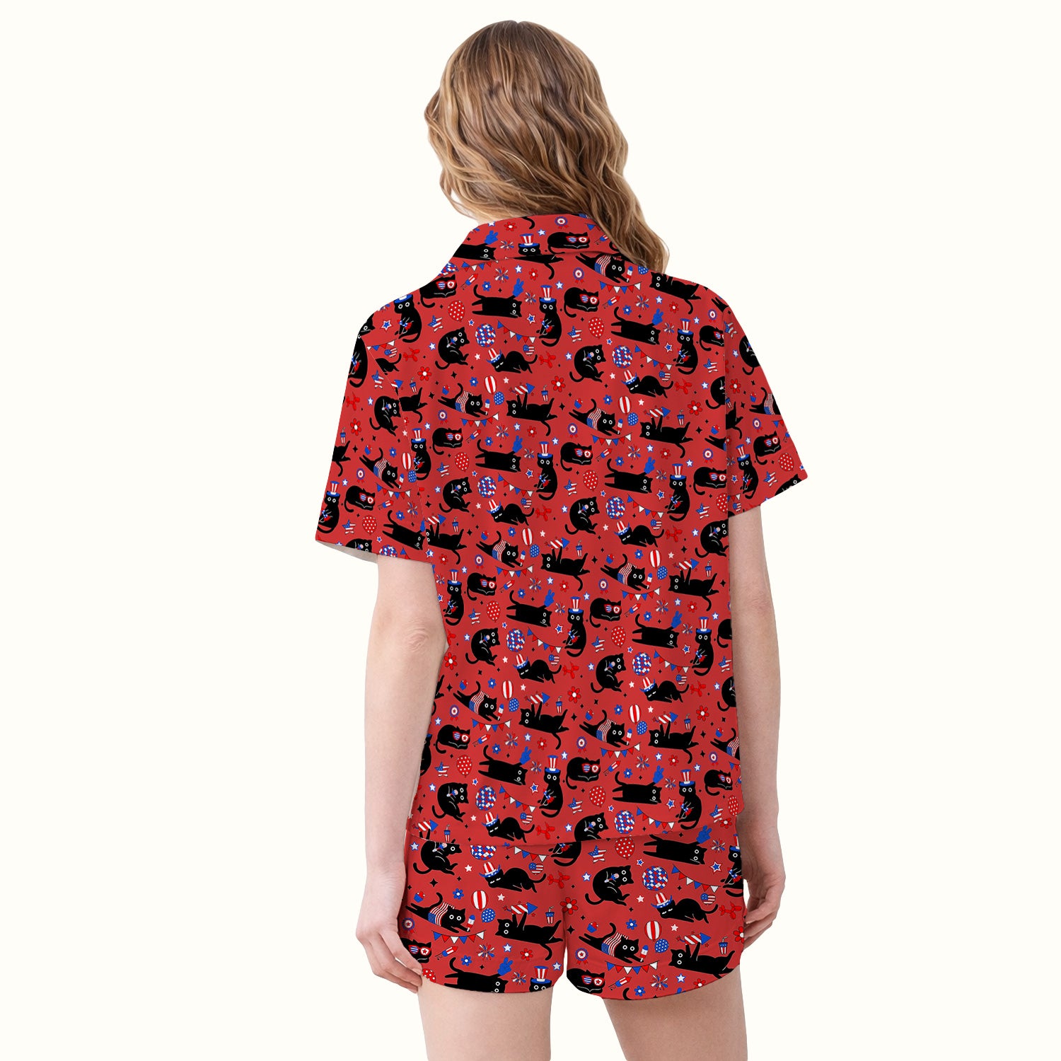 Patriotic Black Cat Pattern Pajama Set, Soft Breathable Fabric Comfortable Sleepwear