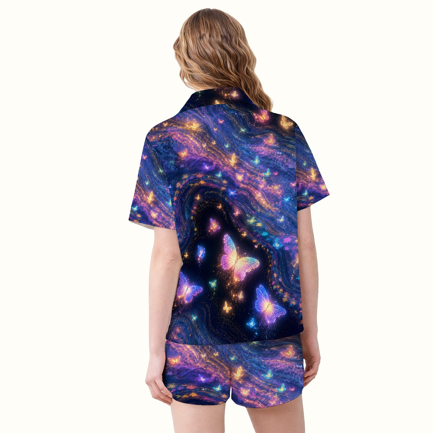 Neon Butterfly Galaxy Marble Print Pajama Set, Soft Breathable Fabric Comfortable Sleepwear