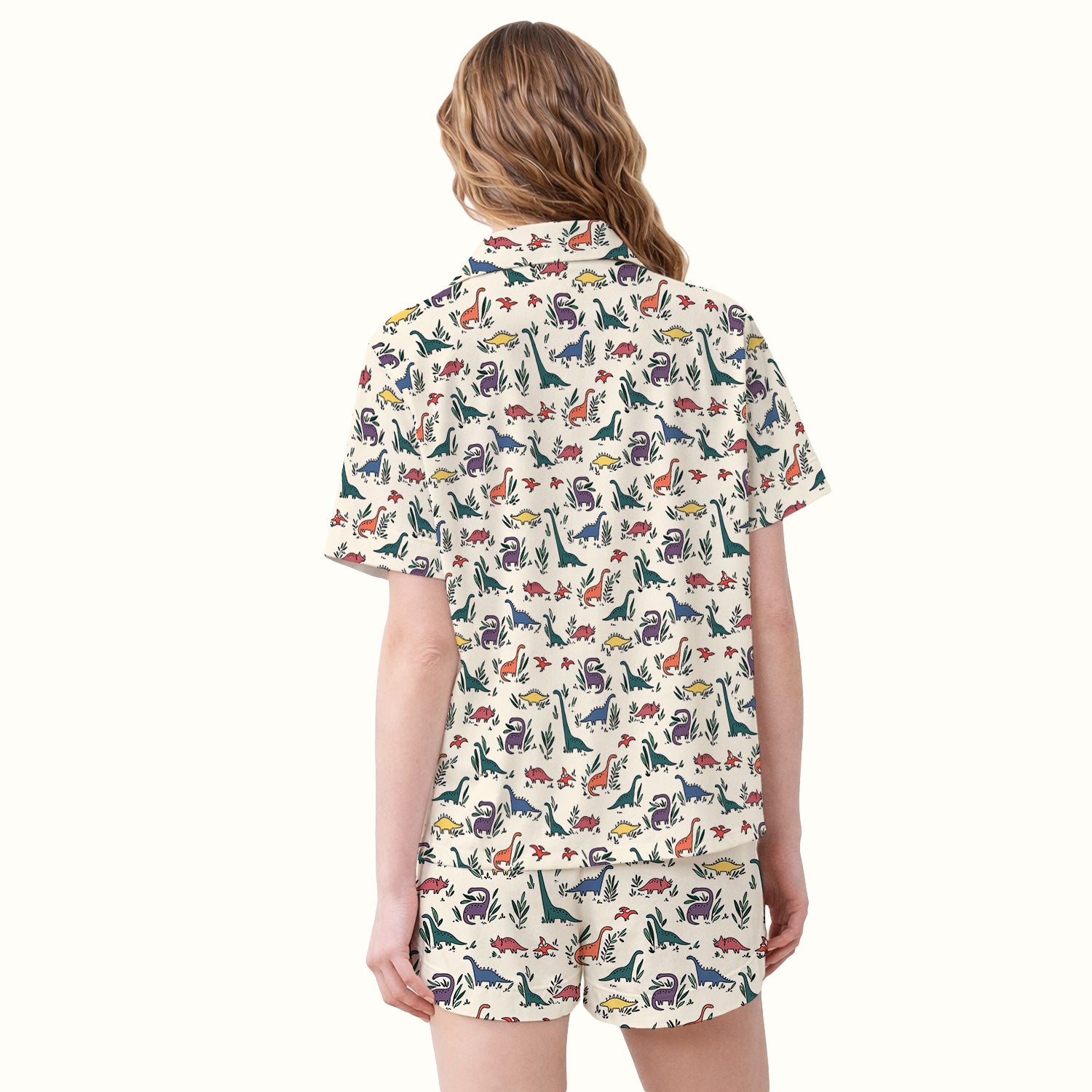 Cute Dinosaur Leafy Garden Pattern Pajama Set, Soft Breathable Fabric Comfortable Sleepwear