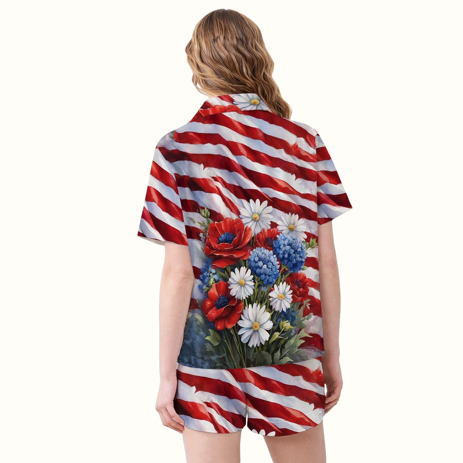 Festive US Flag Floral Bouquet Pattern Pajama Set, Soft Breathable Fabric Comfortable Sleepwear