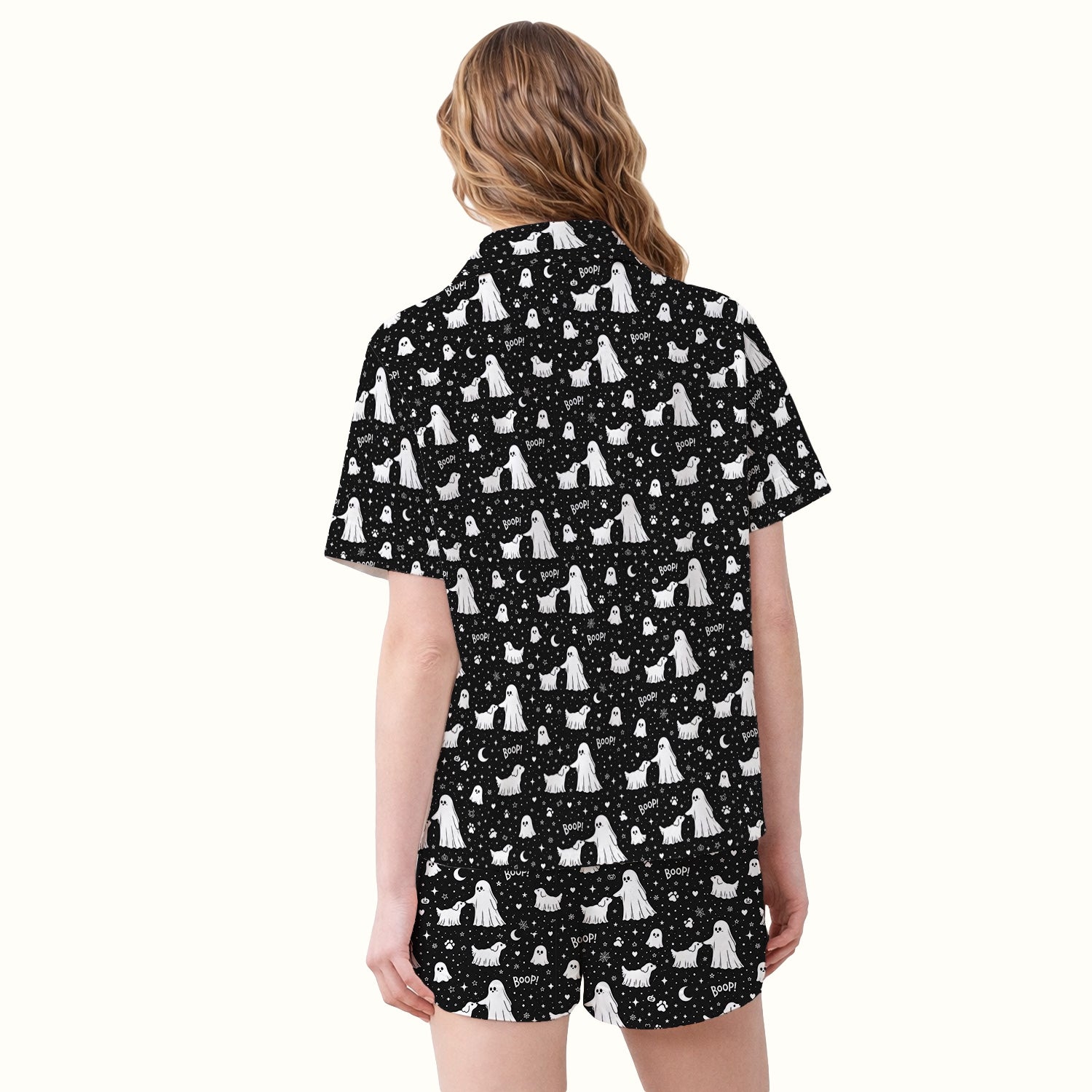 Halloween Ghost Boop Dog Pattern Pajama Set, Soft Breathable Fabric Comfortable Sleepwear