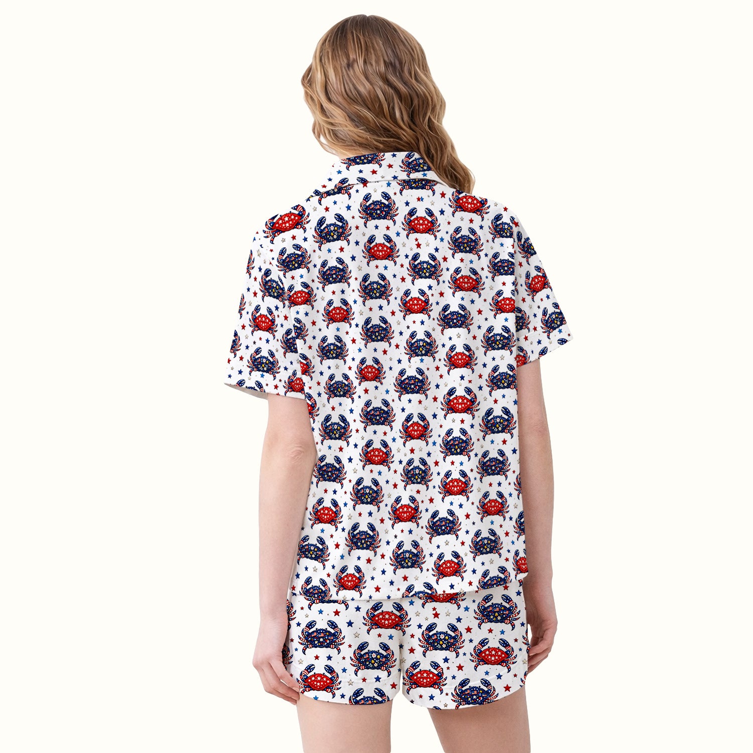 Patriotic Crab Stars Pattern Pajama Set, Soft Breathable Fabric Comfortable Sleepwear