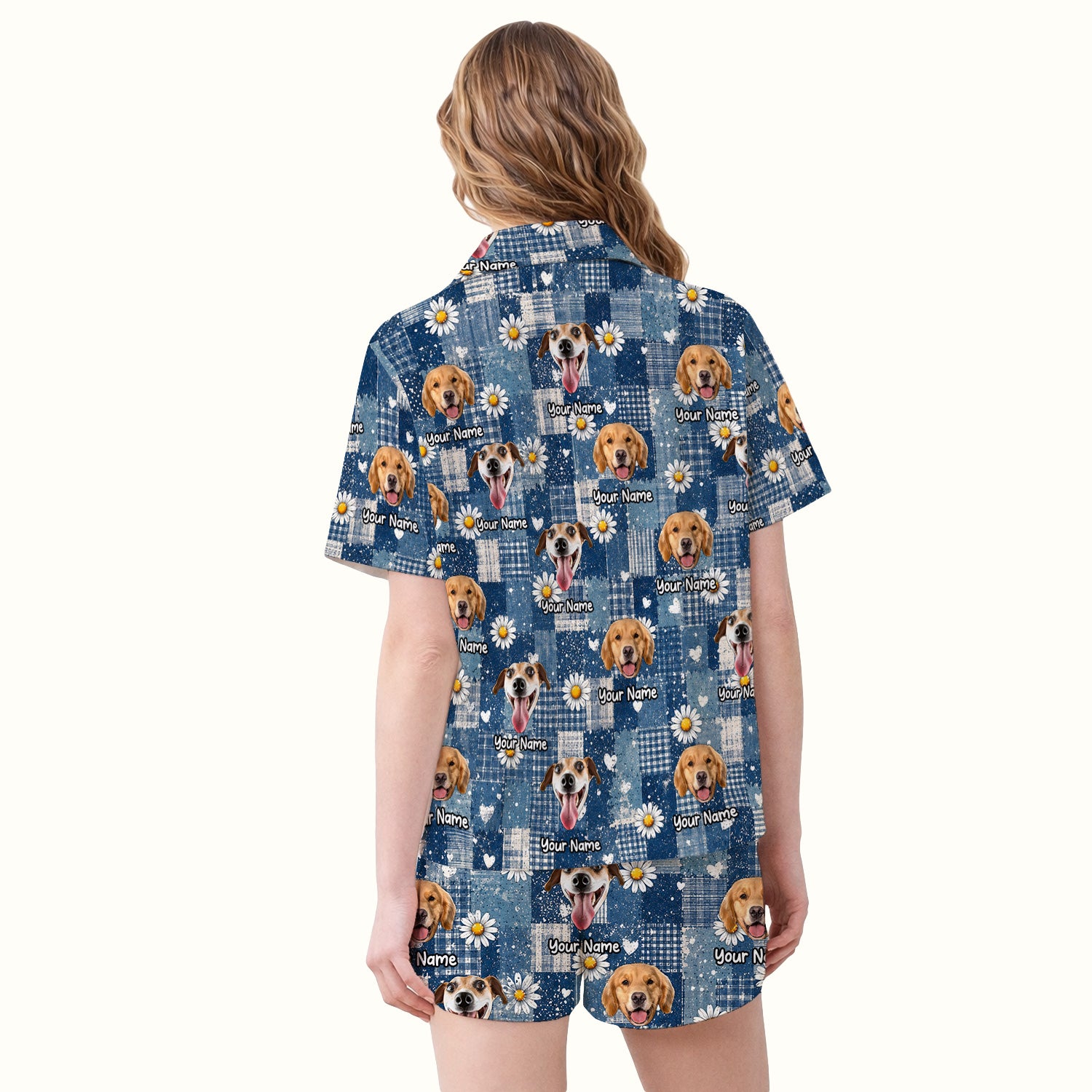 Personalized Cute Dog Portrait On Blue Patchwork Daisy Pattern Pajama Set, Soft Breathable Fabric Comfortable Sleepwear