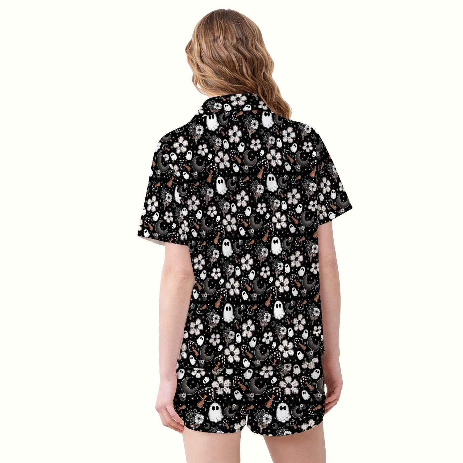 Floral Mushroom Ghost Pattern Pajama Set, Soft Breathable Fabric Comfortable Sleepwear