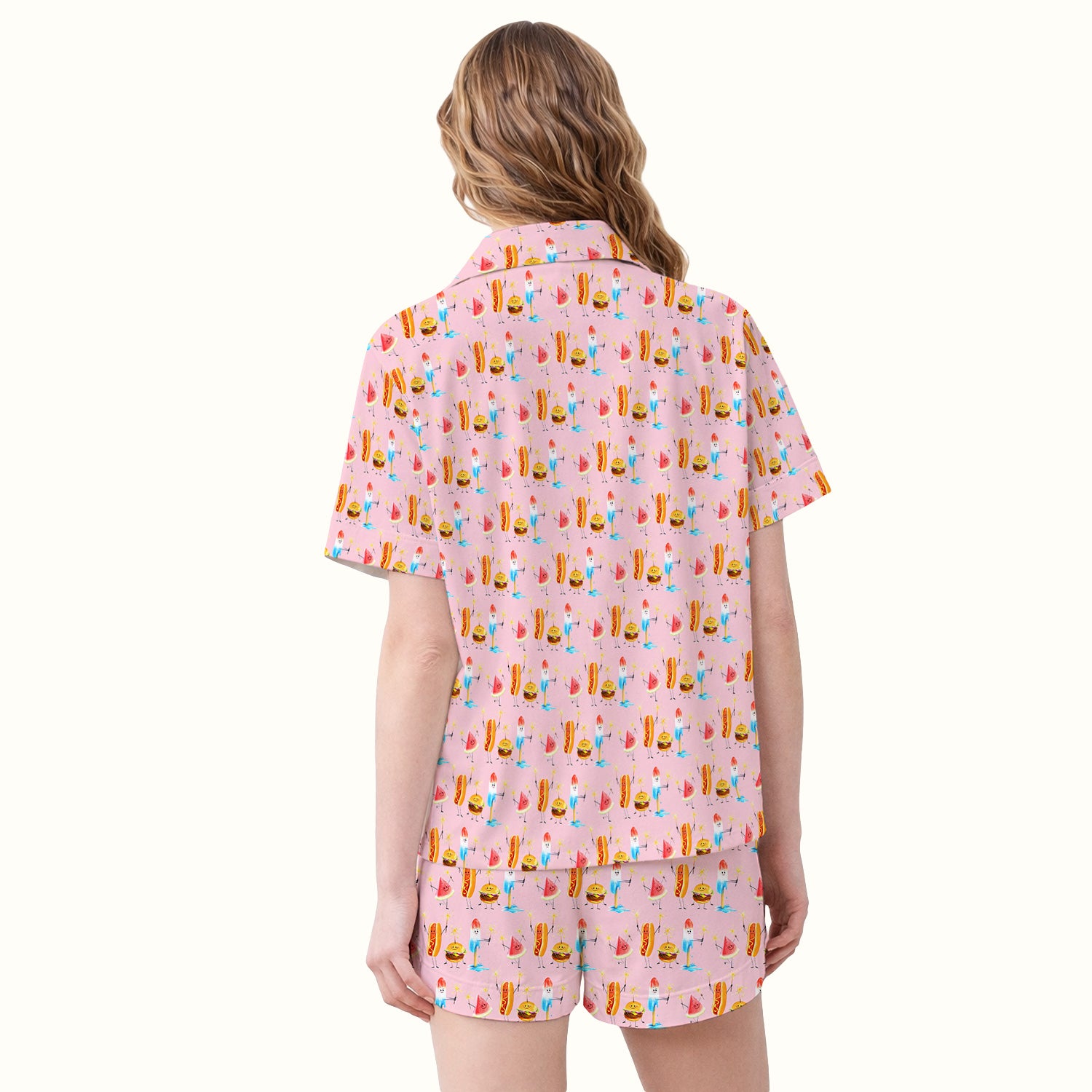 Funny Summer Food Icons Pattern Pajama Set, Soft Breathable Fabric Comfortable Sleepwear