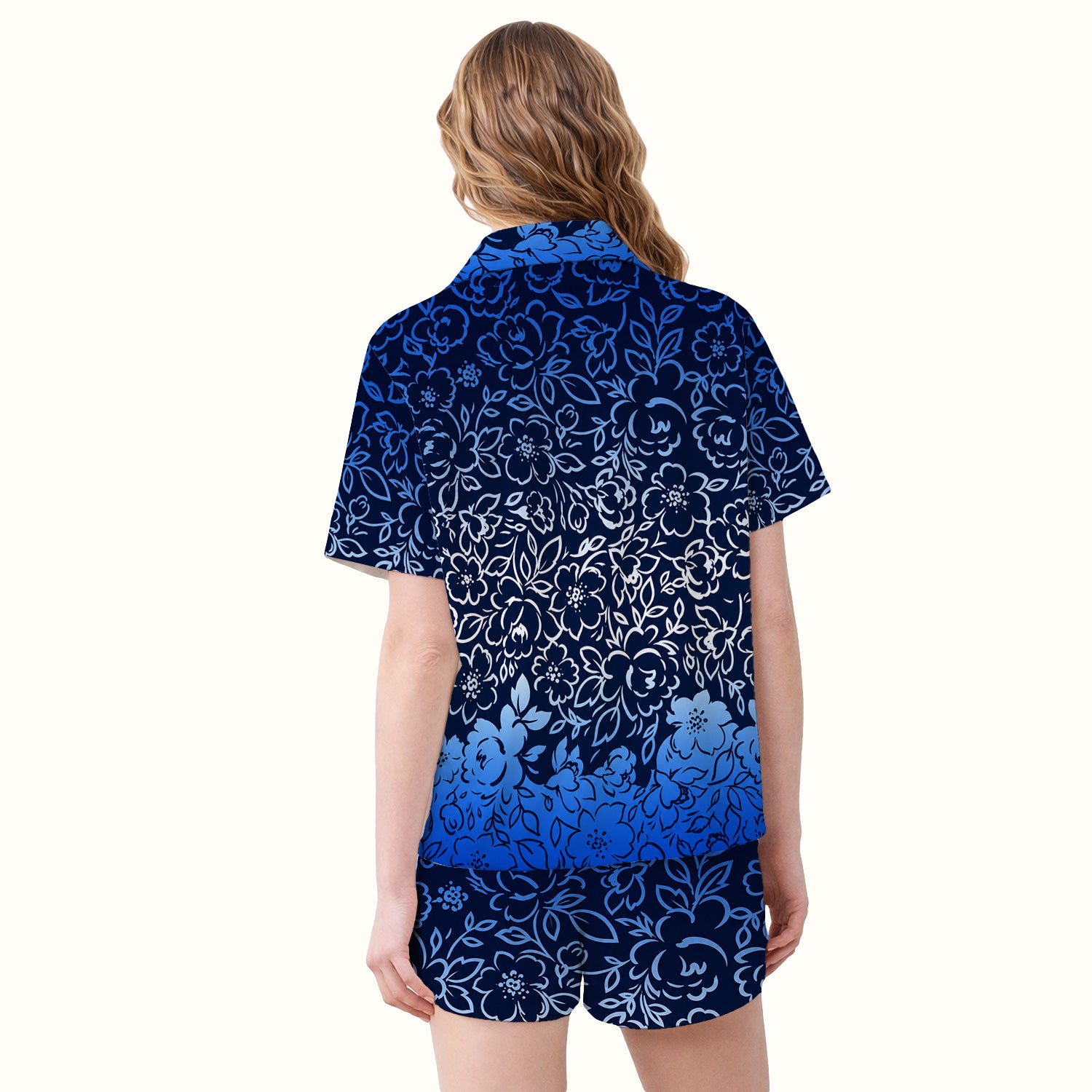 Navy Botanical Flower Print Pajama Set, Soft Breathable Fabric Comfortable Sleepwear