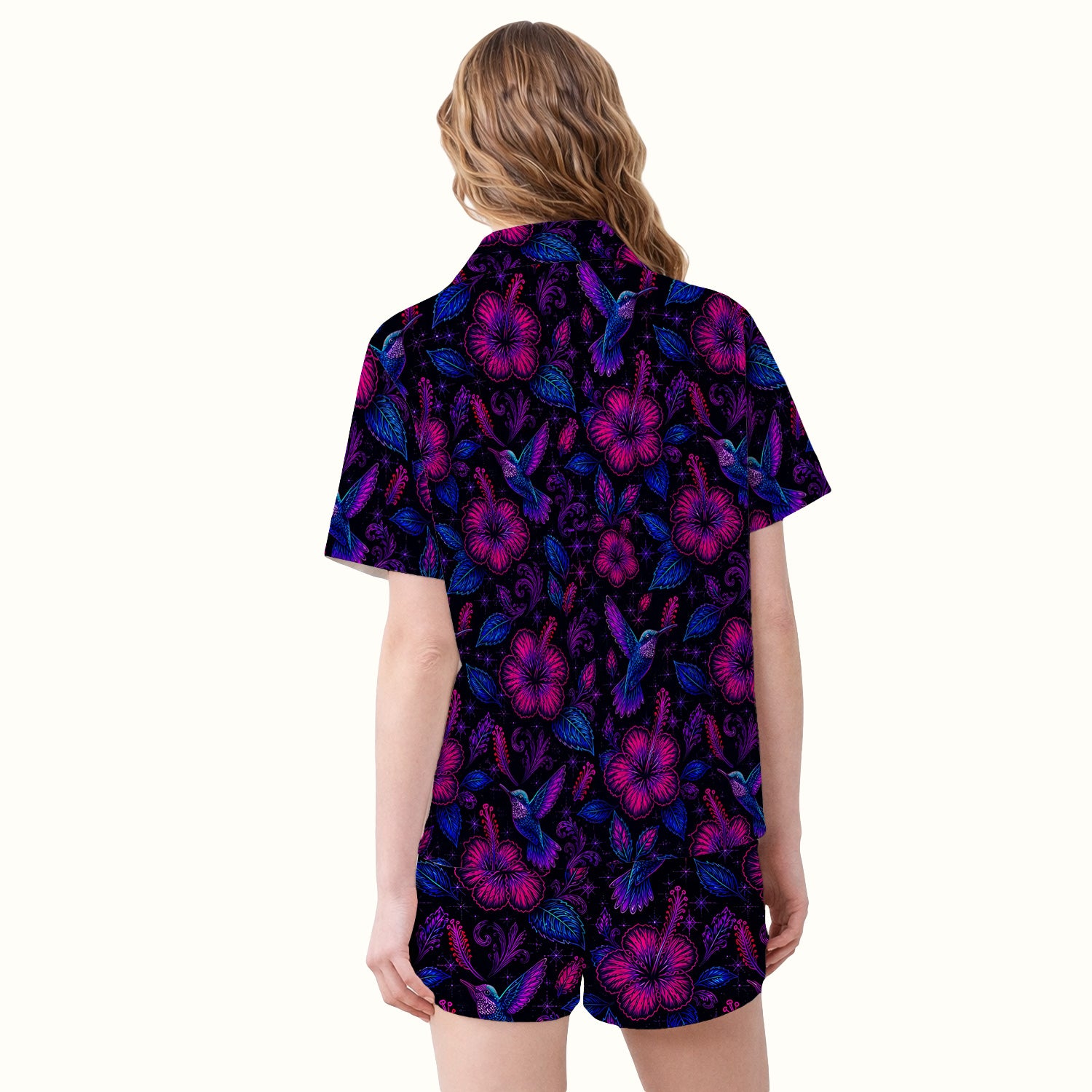 Tropical Hummingbird Hibiscus Floral Pattern Pajama Set, Soft Breathable Fabric Comfortable Sleepwear