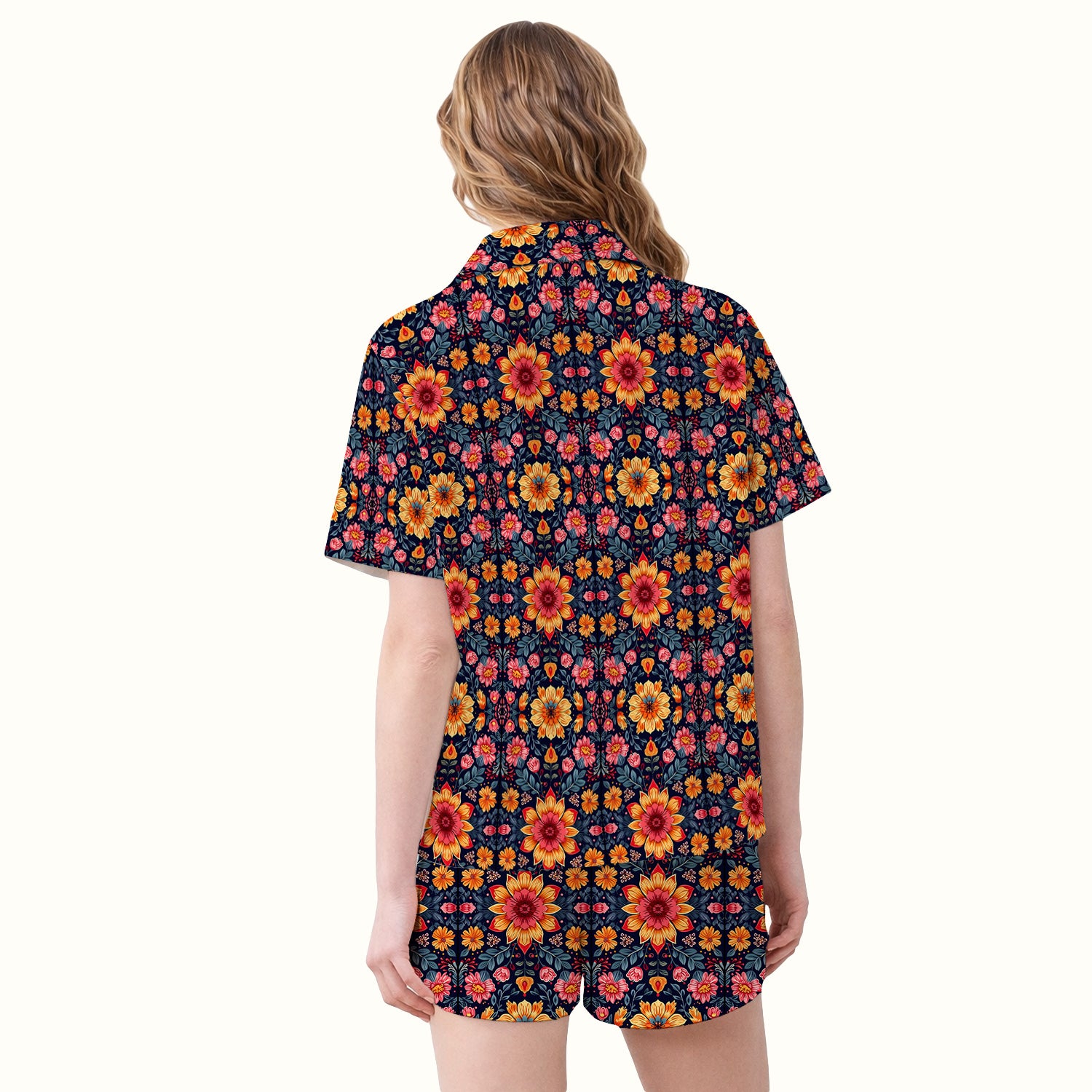 Elegant Dark Floral Pattern Pajama Set, Soft Breathable Fabric Comfortable Sleepwear