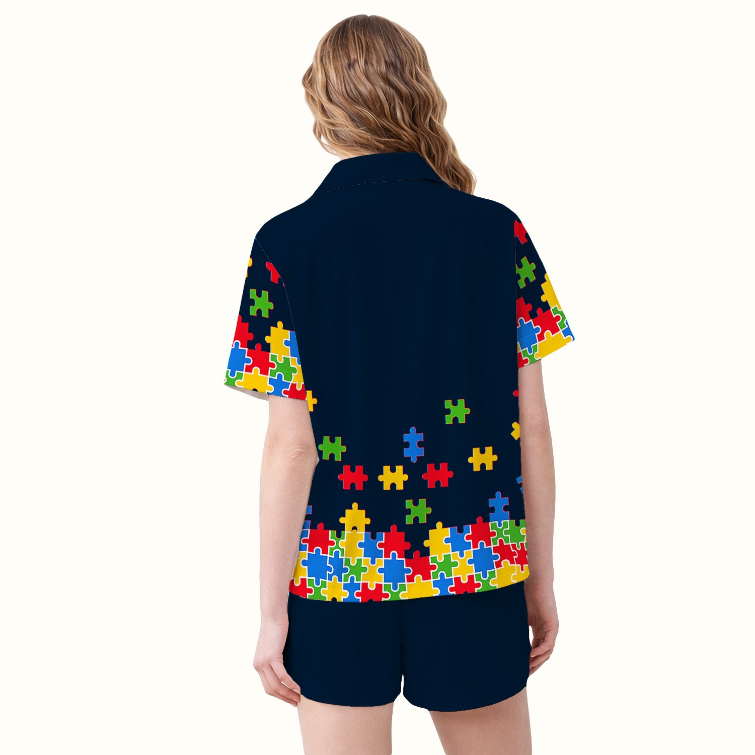 Autism Puzzle Heartbeat Light It Up Blue Print Pajama Set, Breathable Fabrics Uniform