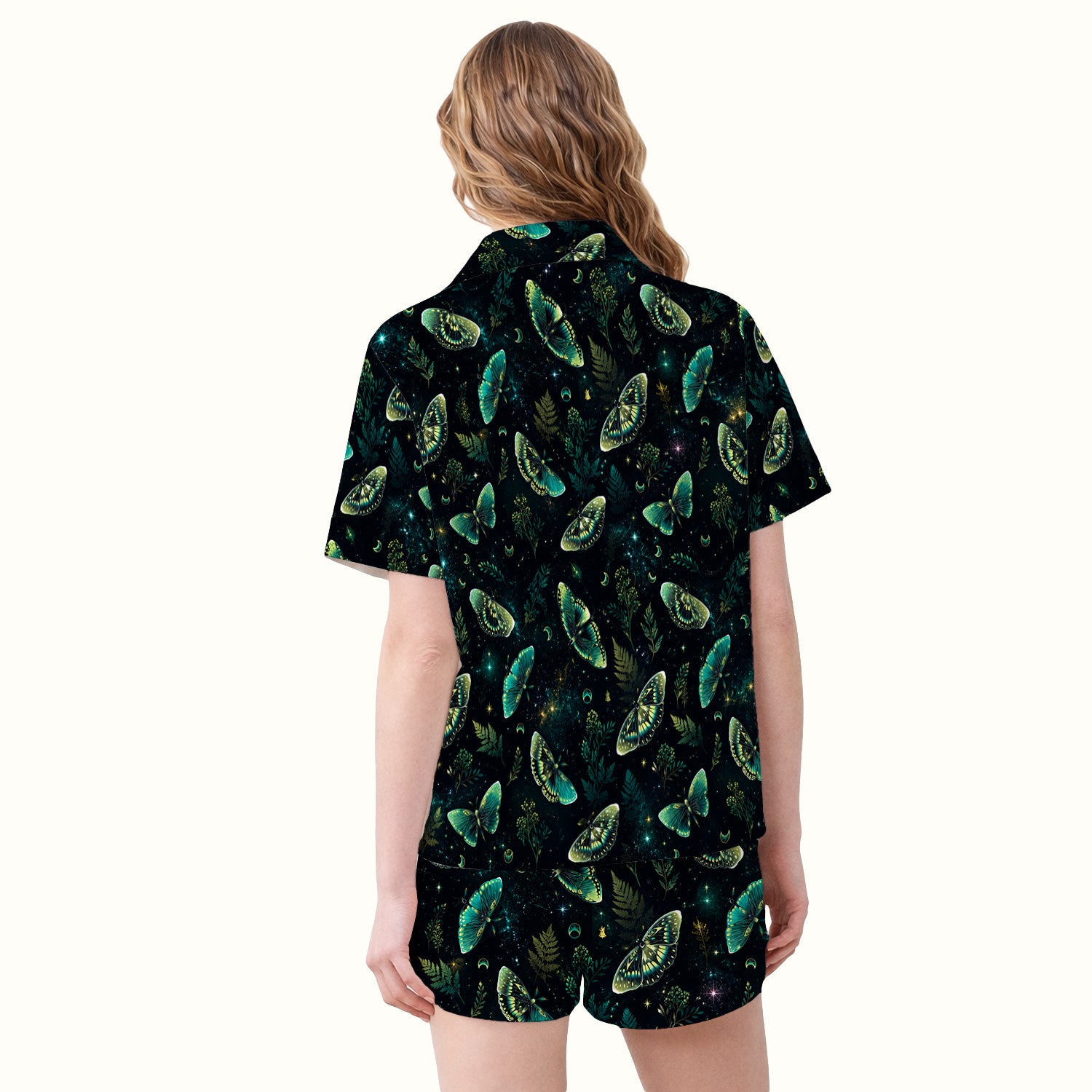 Mystical Moonlight Butterfly Garden Pattern Pajama Set, Soft Breathable Fabric Comfortable Sleepwear
