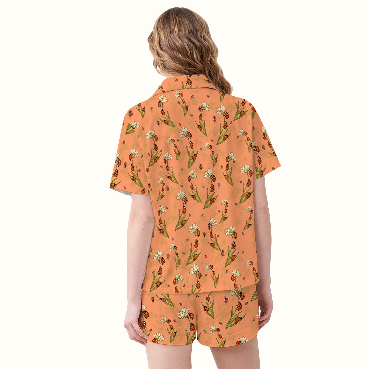 Fresh Daisy Ladybug Garden Pattern Pajama Set, Breathable Fabrics Uniform