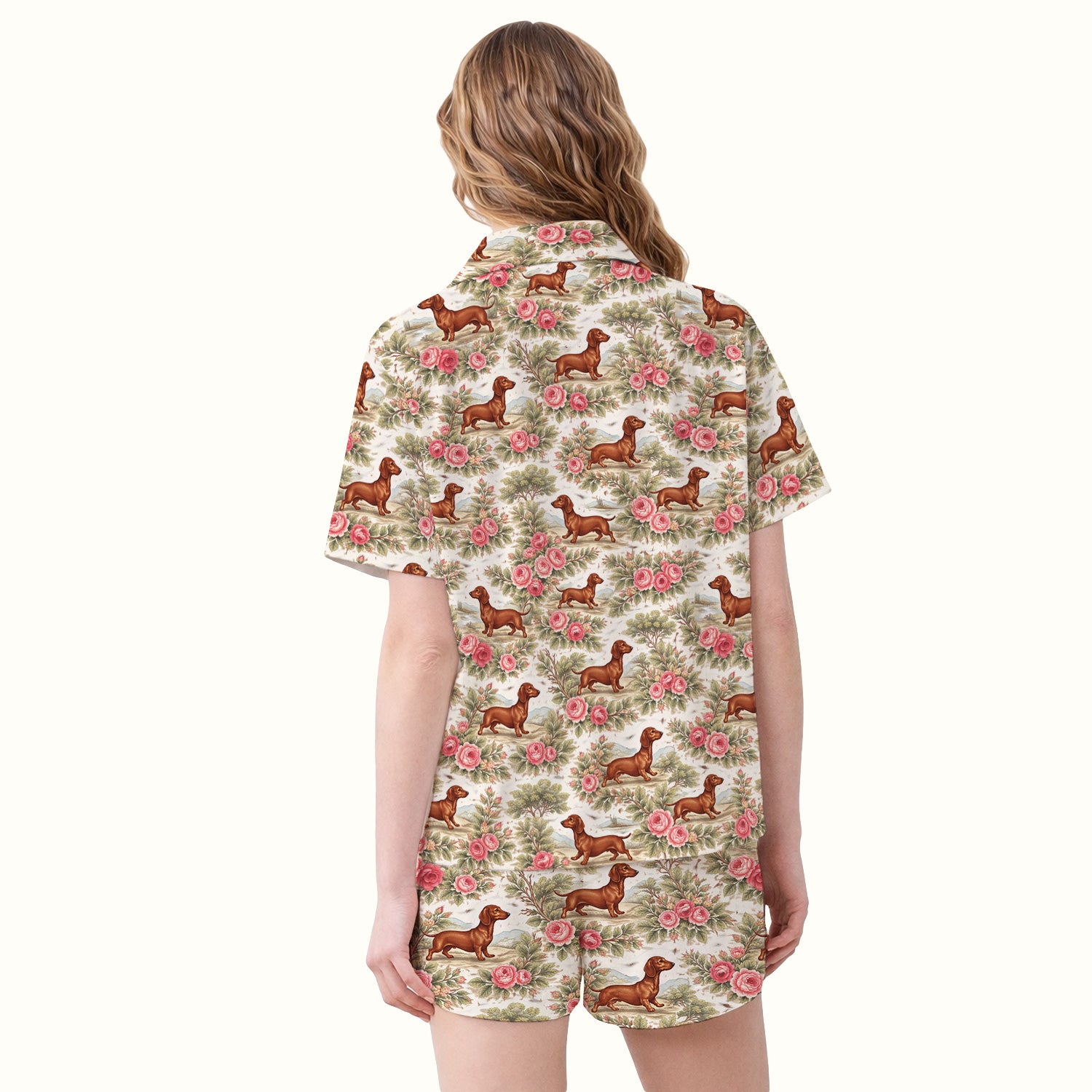 Vintage Dachshund Rose Floral Pattern Pajama Set, Soft Breathable Fabric Comfortable Sleepwear