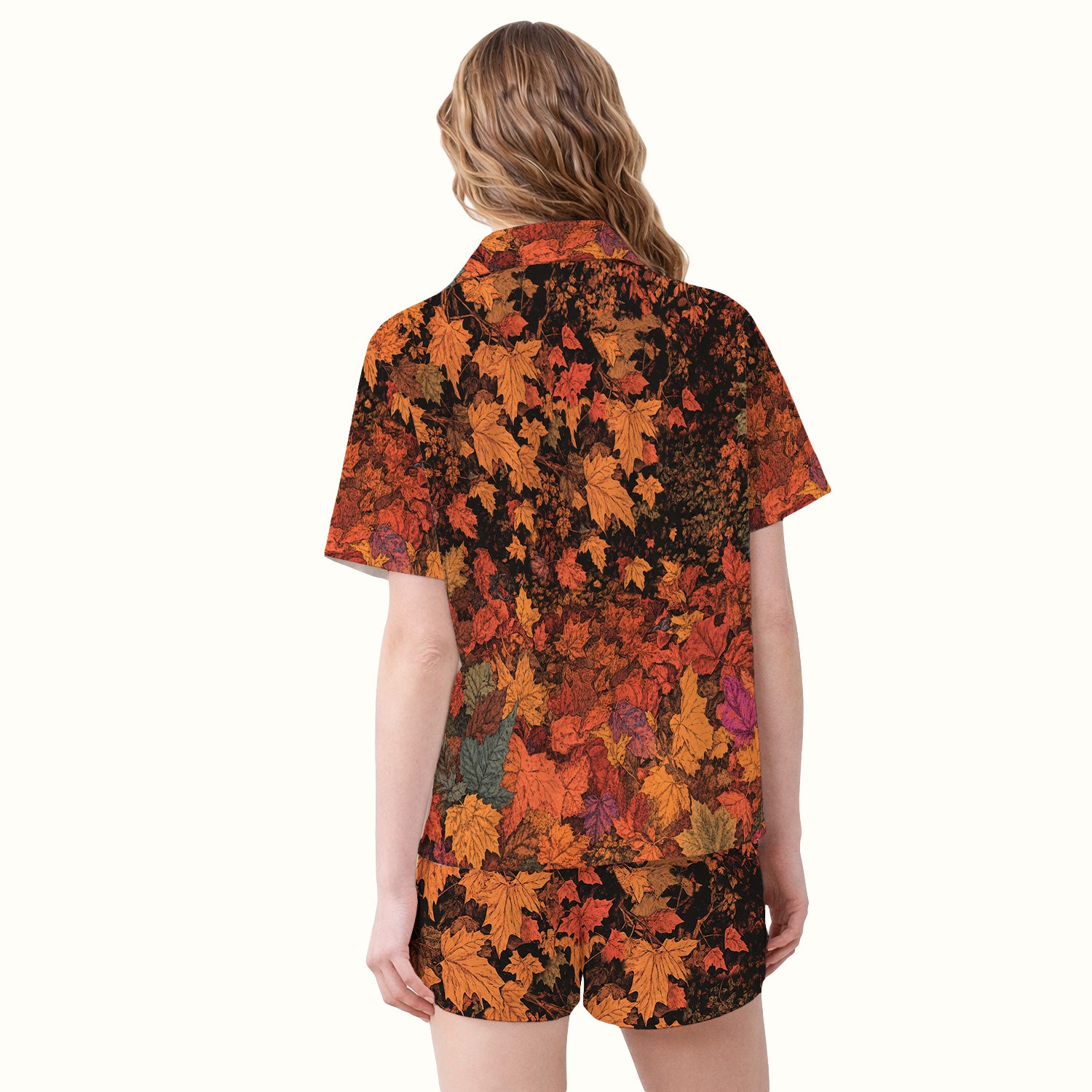 Autumn Cat with Fall Leaves Pajama Set, Soft Breathable Fabric Comfortable Sleepwear