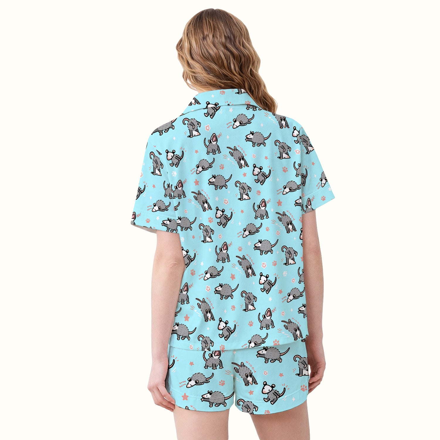Playful Cartoon Opossum Character Pattern Pajama Set, Breathable Fabrics Uniform