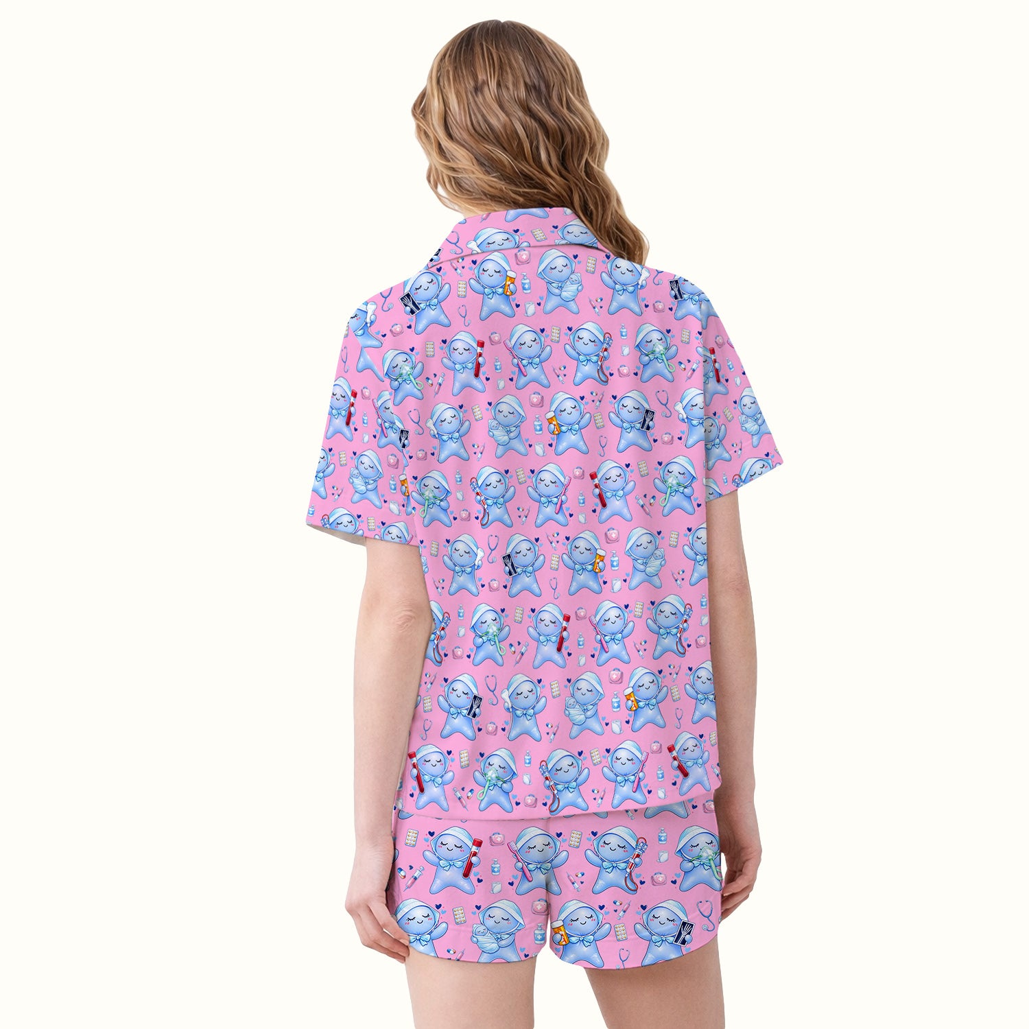 Cute Tooth Character Dental Tools Caring Pattern Pajama Set, Breathable Fabrics Uniform
