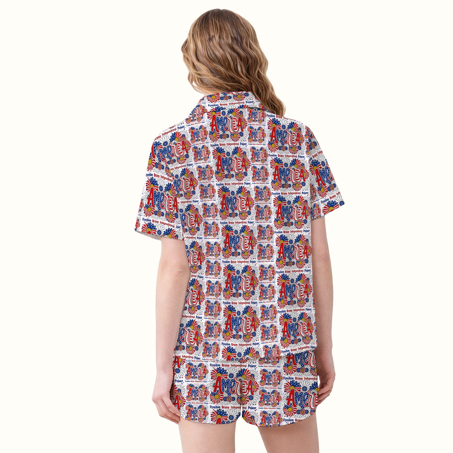 Patriotic America Floral Fireworks Pattern Pajama Set, Soft Breathable Fabric Comfortable Sleepwear