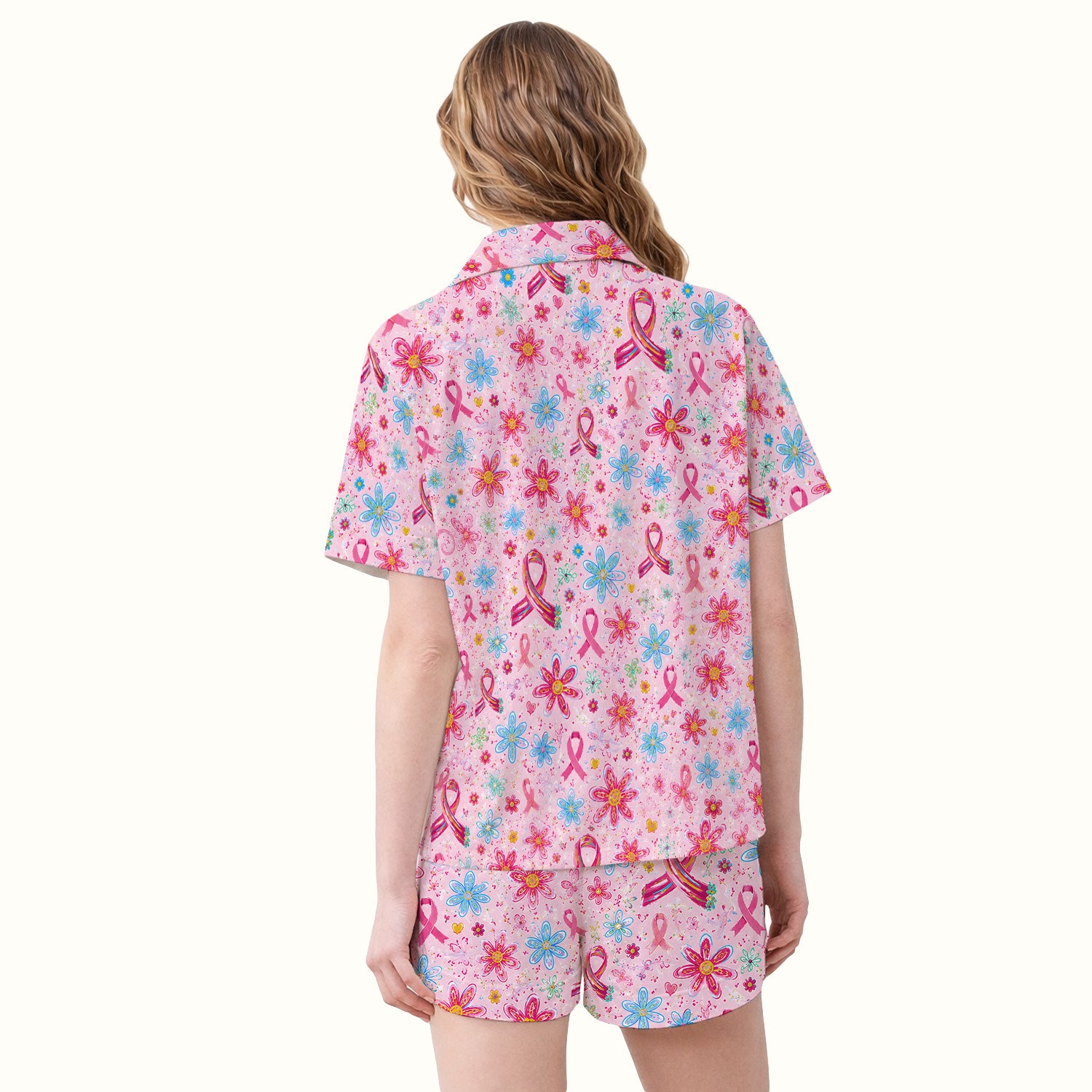 Floral Breast Cancer Awareness Print Pajama Set, Soft Breathable Fabric Comfortable Sleepwear