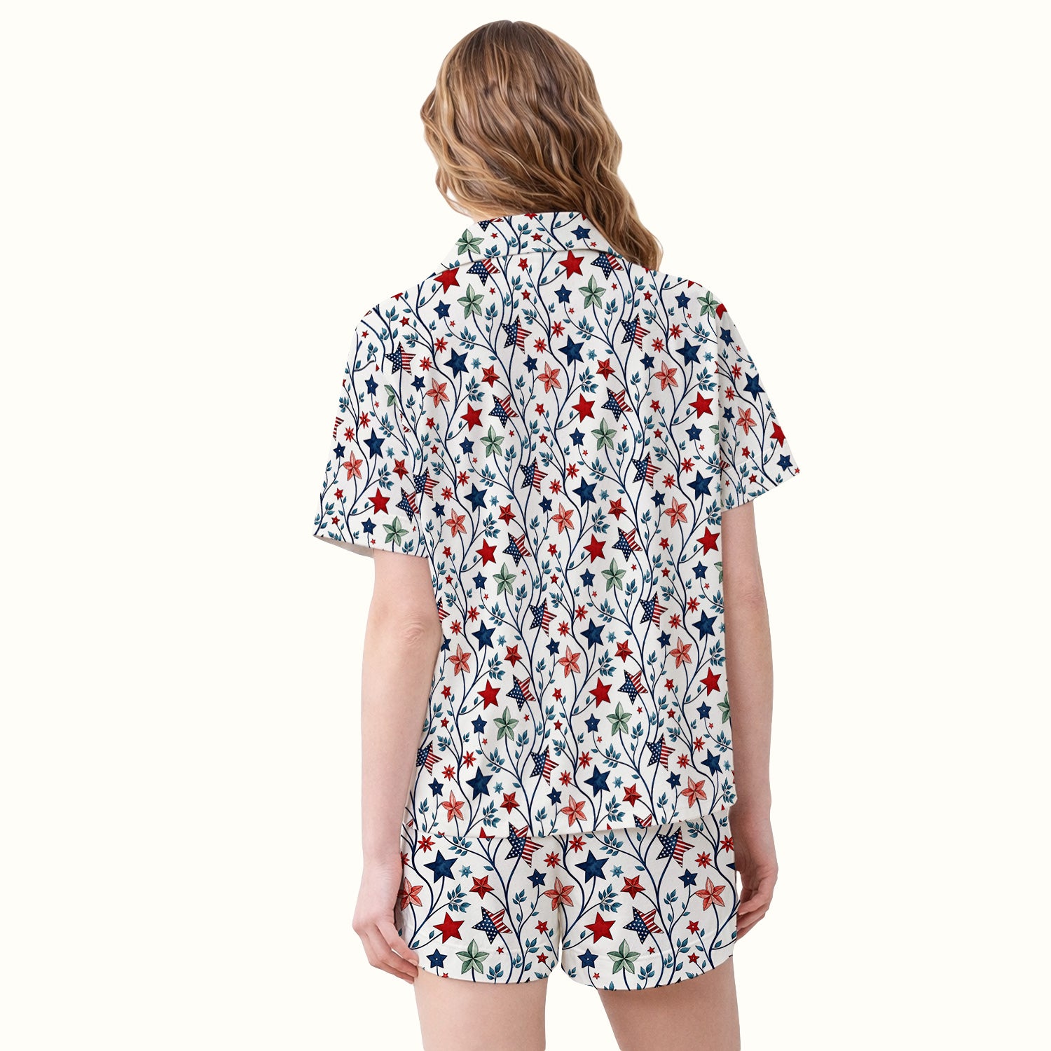 Patriotic Star Vine Floral Print Pajama Set, Soft Breathable Fabric Comfortable Sleepwear