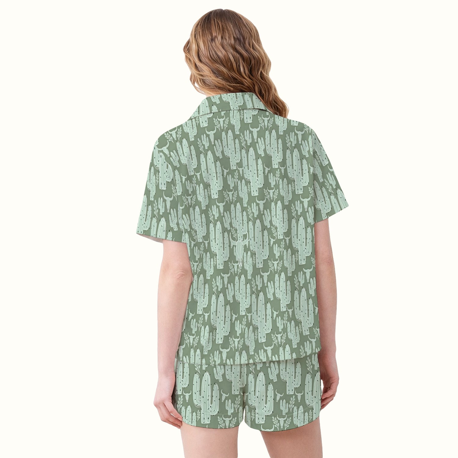 Funny Desert Cactus Skull Pattern Pajama Set, Soft Breathable Fabric Comfortable Sleepwear