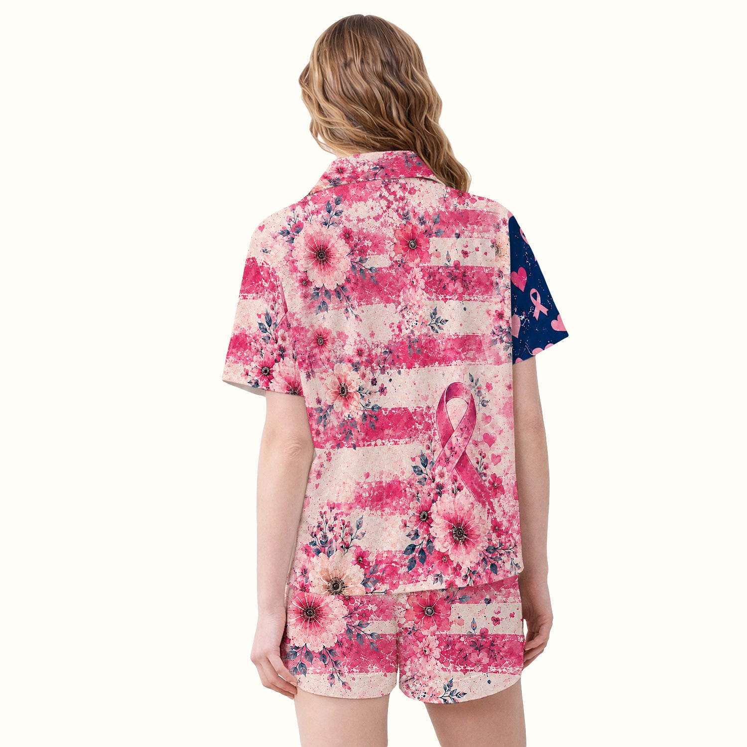 Breast Cancer Floral Flag Pajama Set, Soft Breathable Fabric Comfortable Sleepwear