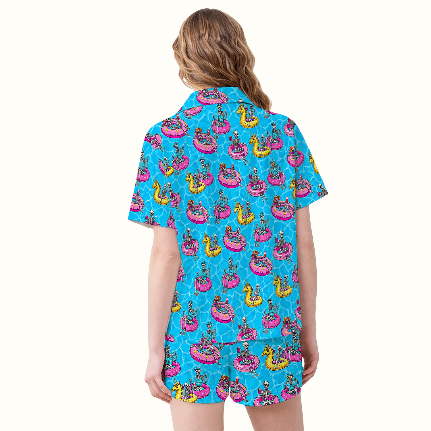 Summerween Skeleton with Pool Float Print Pajama Set, Soft Breathable Fabric Comfortable Sleepwear