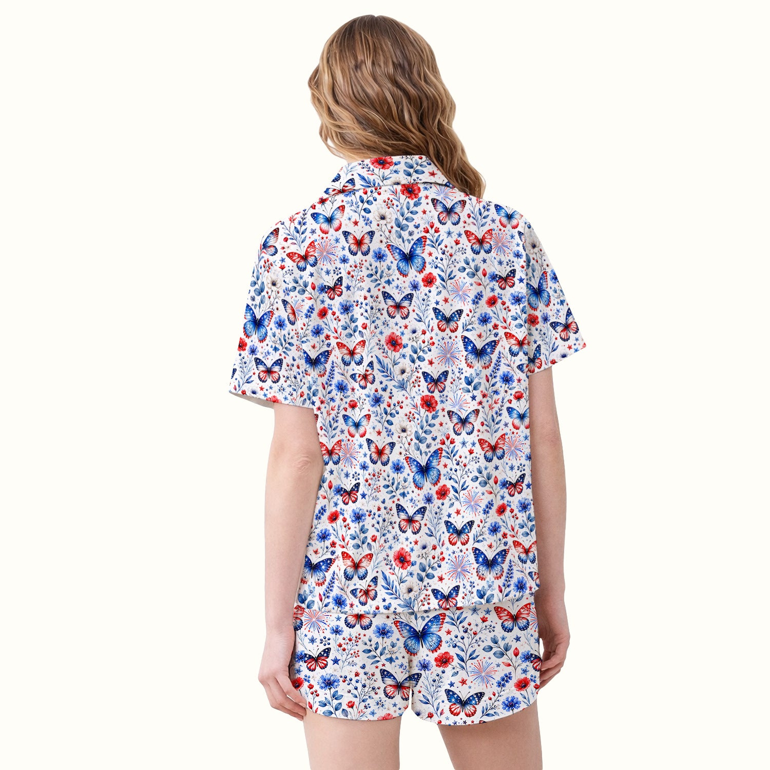 Patriotic Butterfly Fireworks Floral Pattern Pajama Set, Soft Breathable Fabric Comfortable Sleepwear