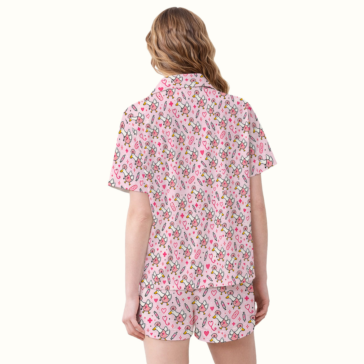 Pink Nurse Goose And Hearts Pajama Set, Soft Breathable Fabric Comfortable Sleepwear