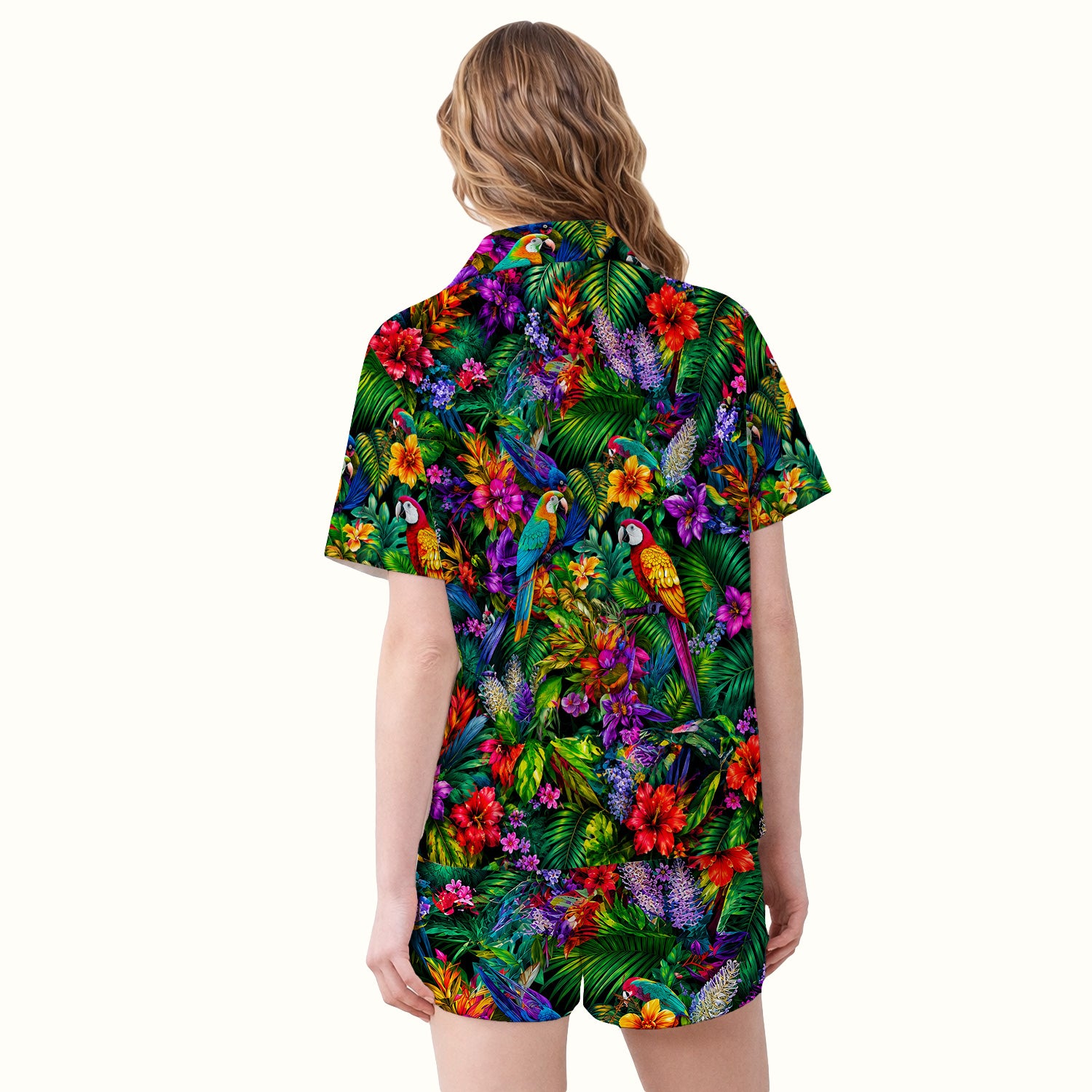 Tropical Parrot Jungle Blossom Pattern Pajama Set, Soft Breathable Fabric Comfortable Sleepwear