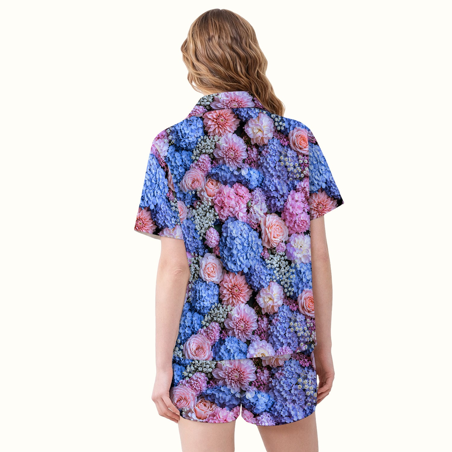 Cute Pastel Hydrangea Rose Blossom Pattern Pajama Set, Soft Breathable Fabric Comfortable Sleepwear