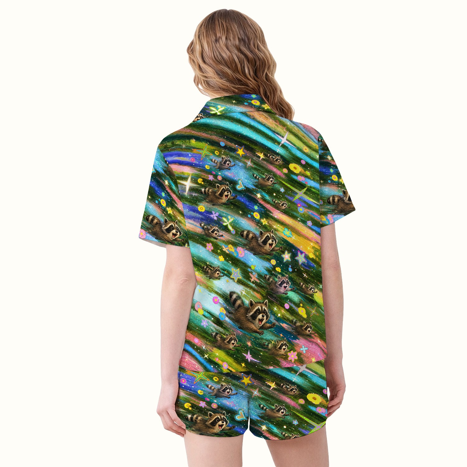 Cute Raccoon Rainbow Dash Pattern Pajama Set, Soft Breathable Fabric Comfortable Sleepwear
