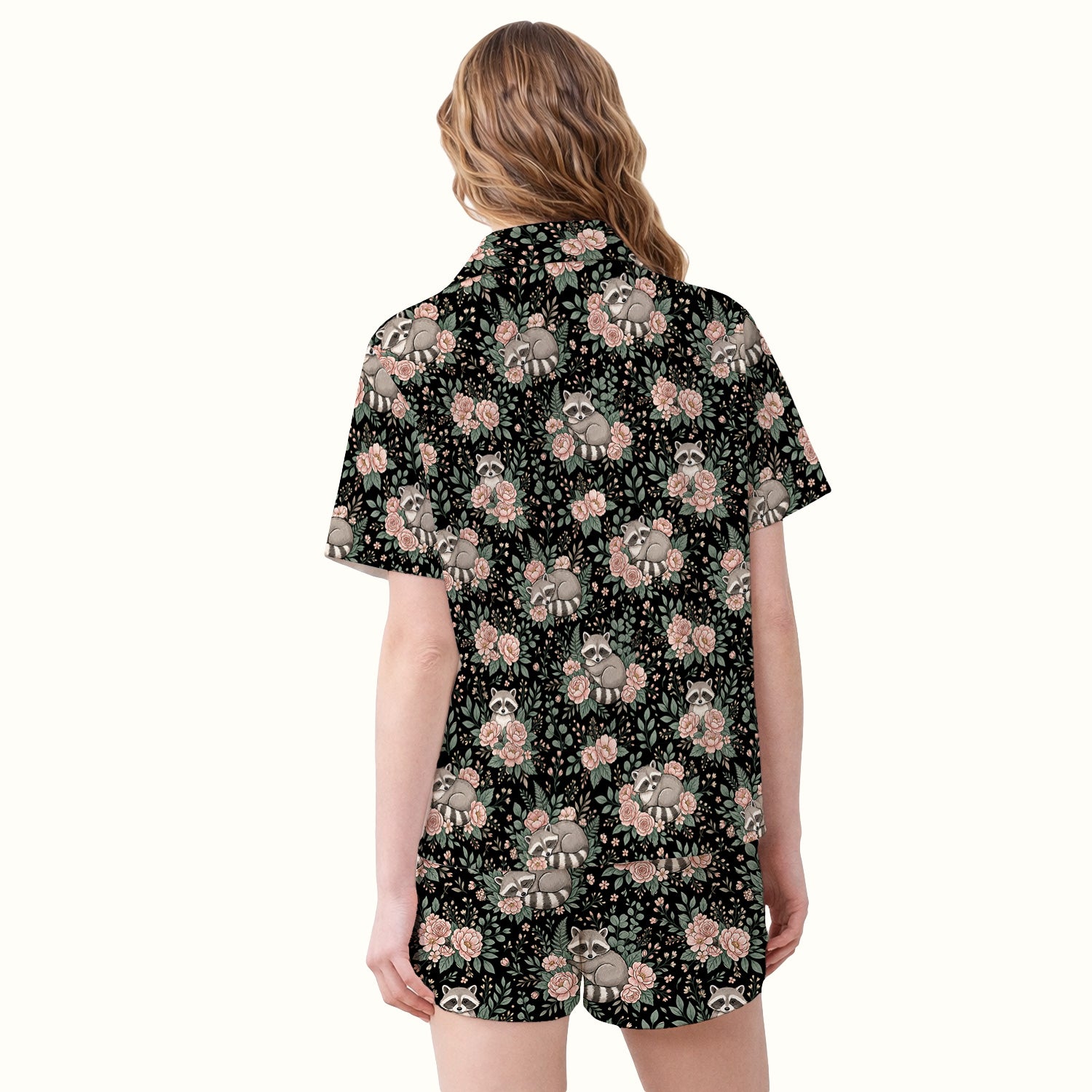 Sleeping Raccoon Rose Garden Pattern Pajama Set, Soft Breathable Fabric Comfortable Sleepwear