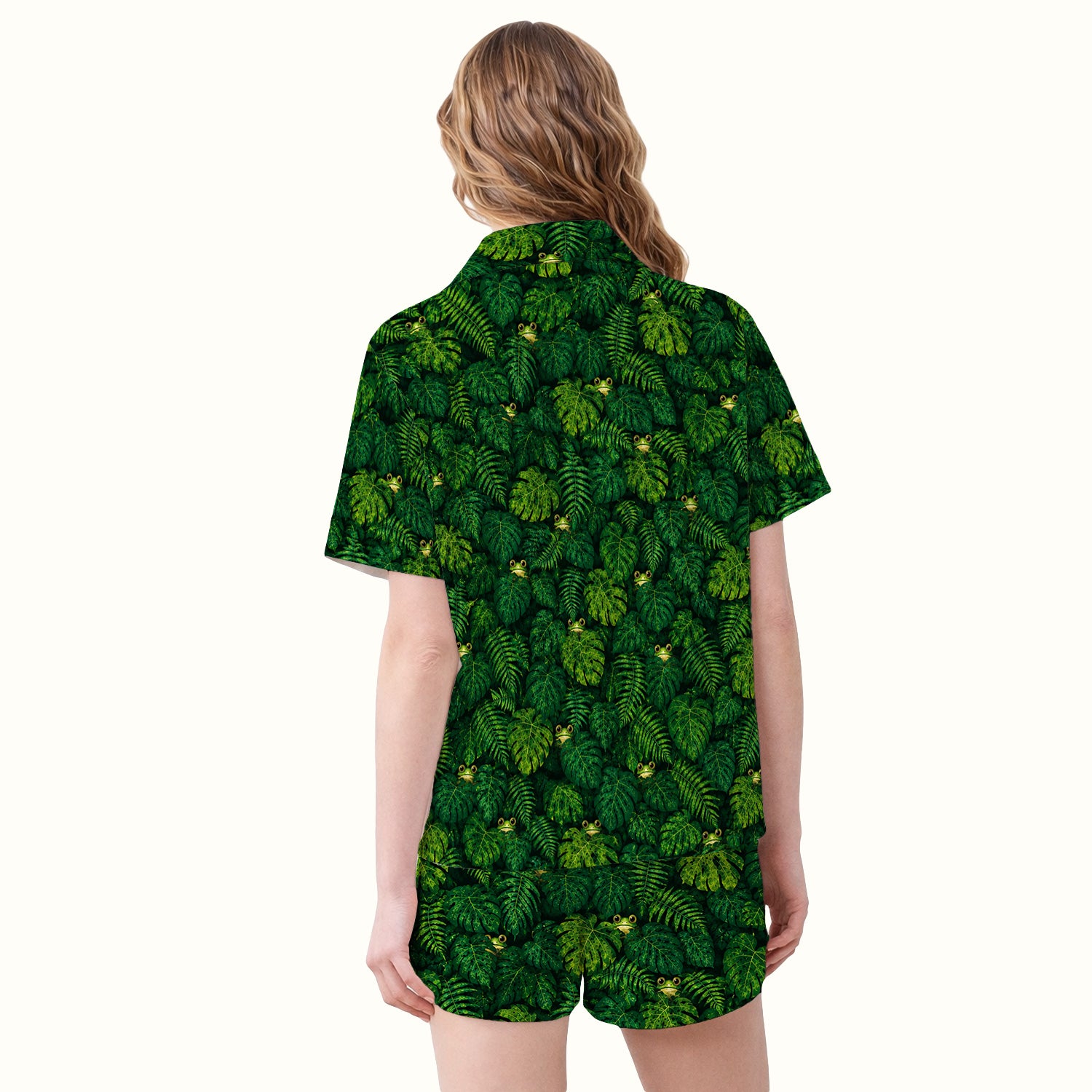 Cute Hidden Frog Jungle Pattern Pajama Set, Soft Breathable Fabric Comfortable Sleepwear