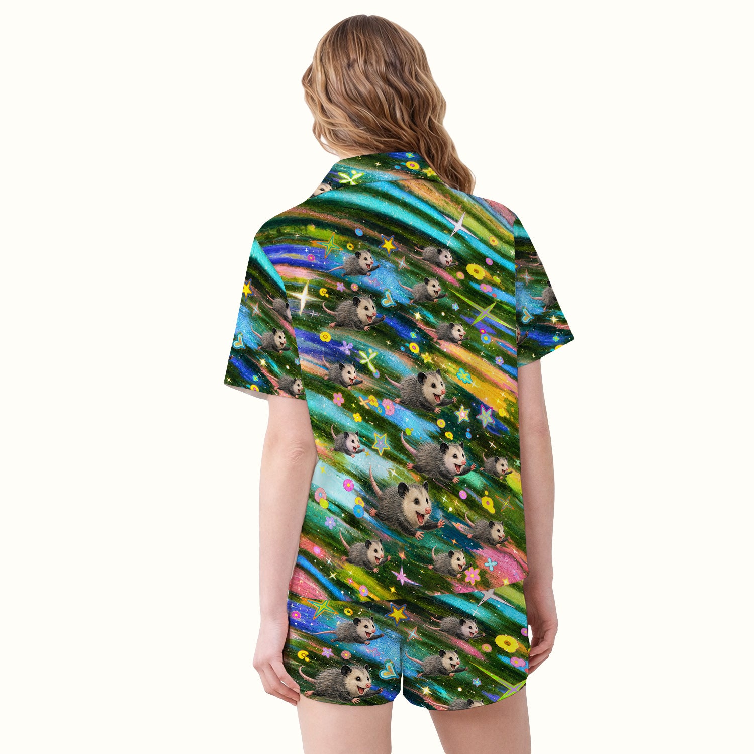 Colorful Opossum Rainbow Stars Print Pajama Set, Soft Breathable Fabric Comfortable Sleepwear