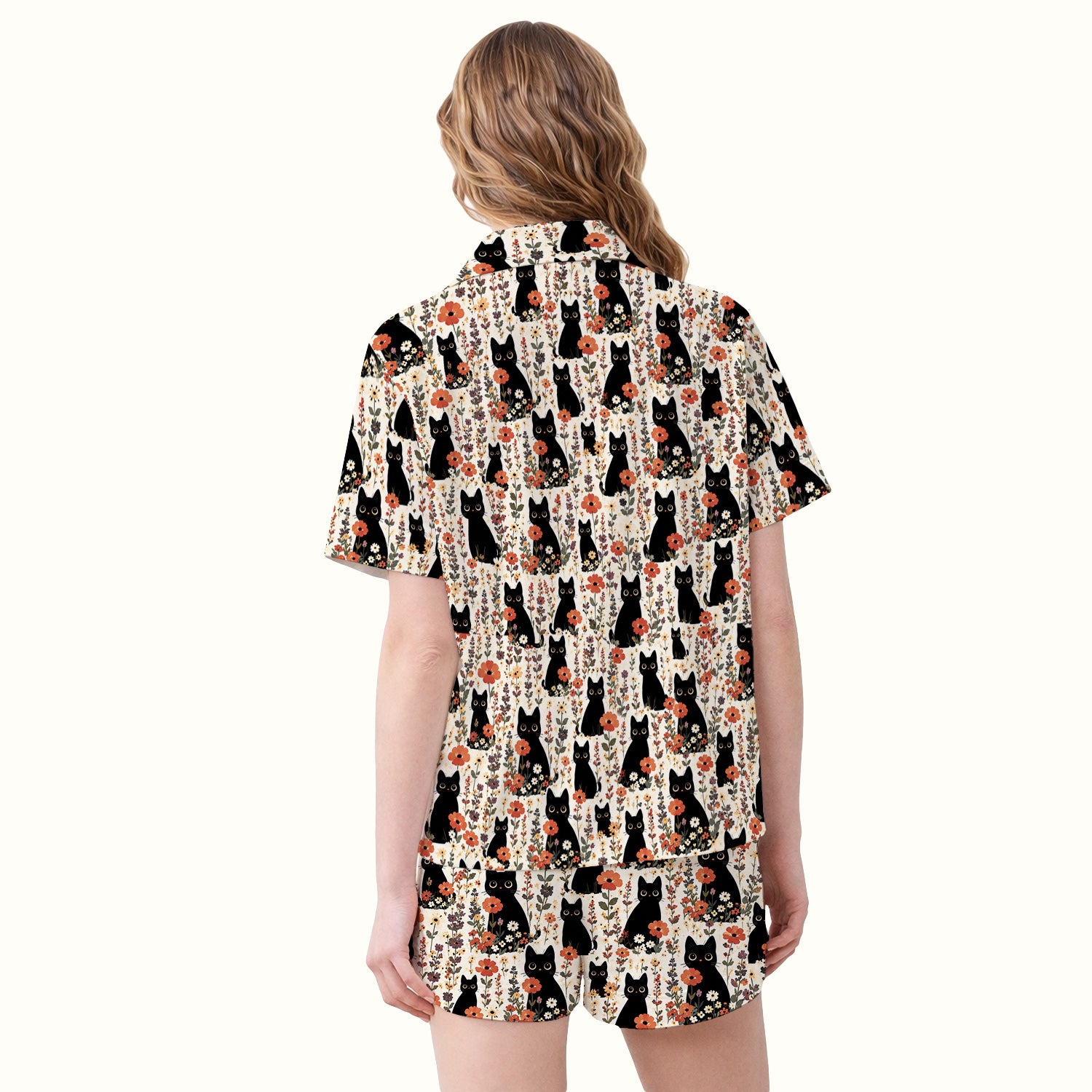 Cute Black Cat Wildflower Pattern Pajama Set, Soft Breathable Fabric Comfortable Sleepwear