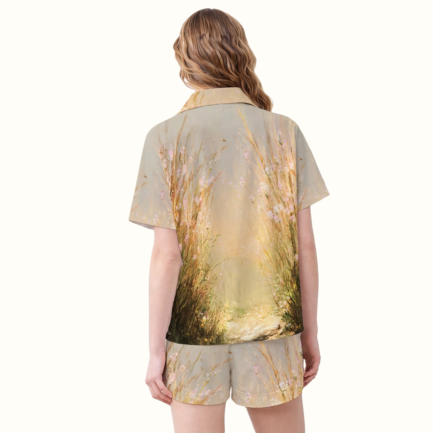 Happy Pig Running Meadow Pattern Nurse Pajama Set, Soft Breathable Fabric Comfortable Sleepwear