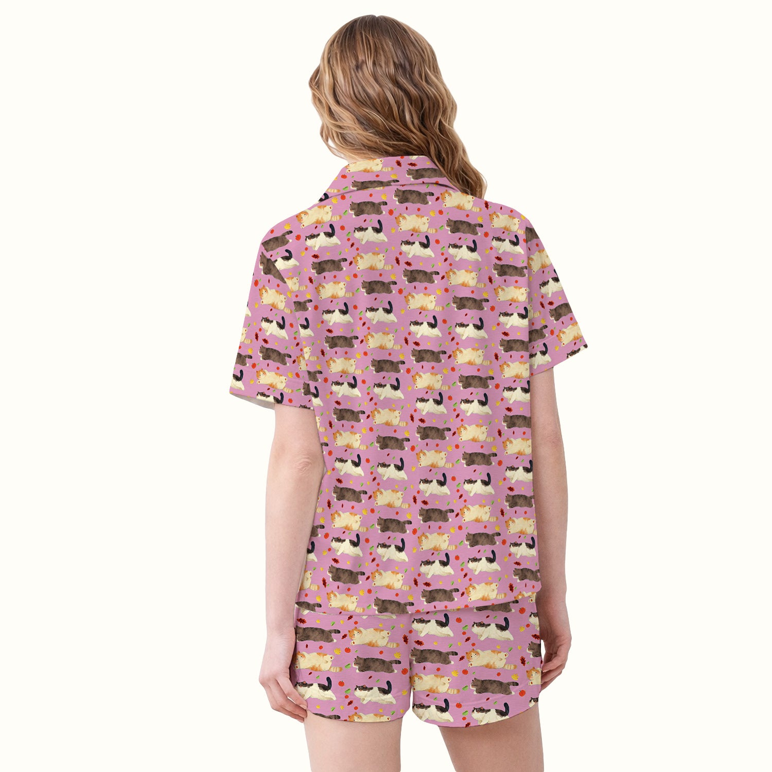 Chubby Cat Autumn Leaves Print Pajama Set, Breathable Fabrics Uniform