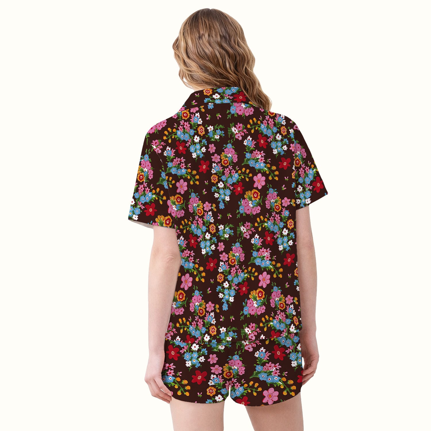 Charming Vintage Floral Bouquet Pattern Pajama Set, Breathable Fabrics Uniform
