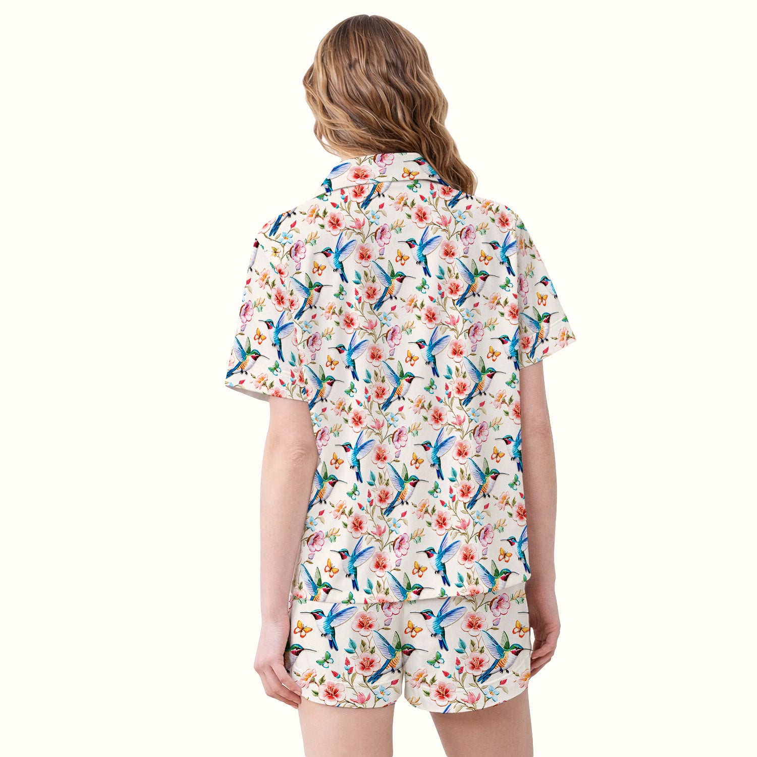 Hummingbird Blossom Butterfly Pattern Pajama Set, Soft Breathable Fabric Comfortable Sleepwear