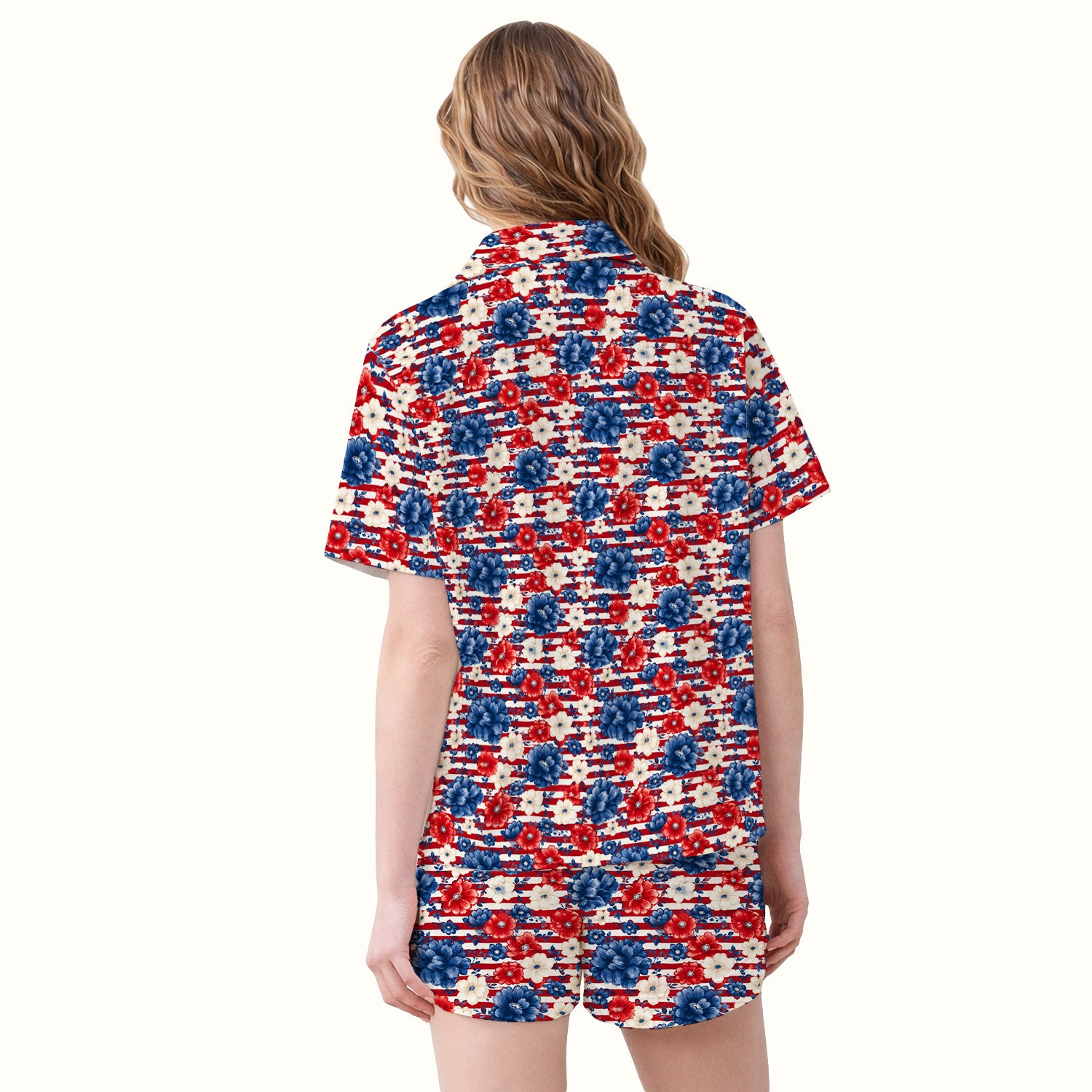 Patriotic Nurse Floral Stripe Pattern Pajama Set, Soft Breathable Fabric Comfortable Sleepwear