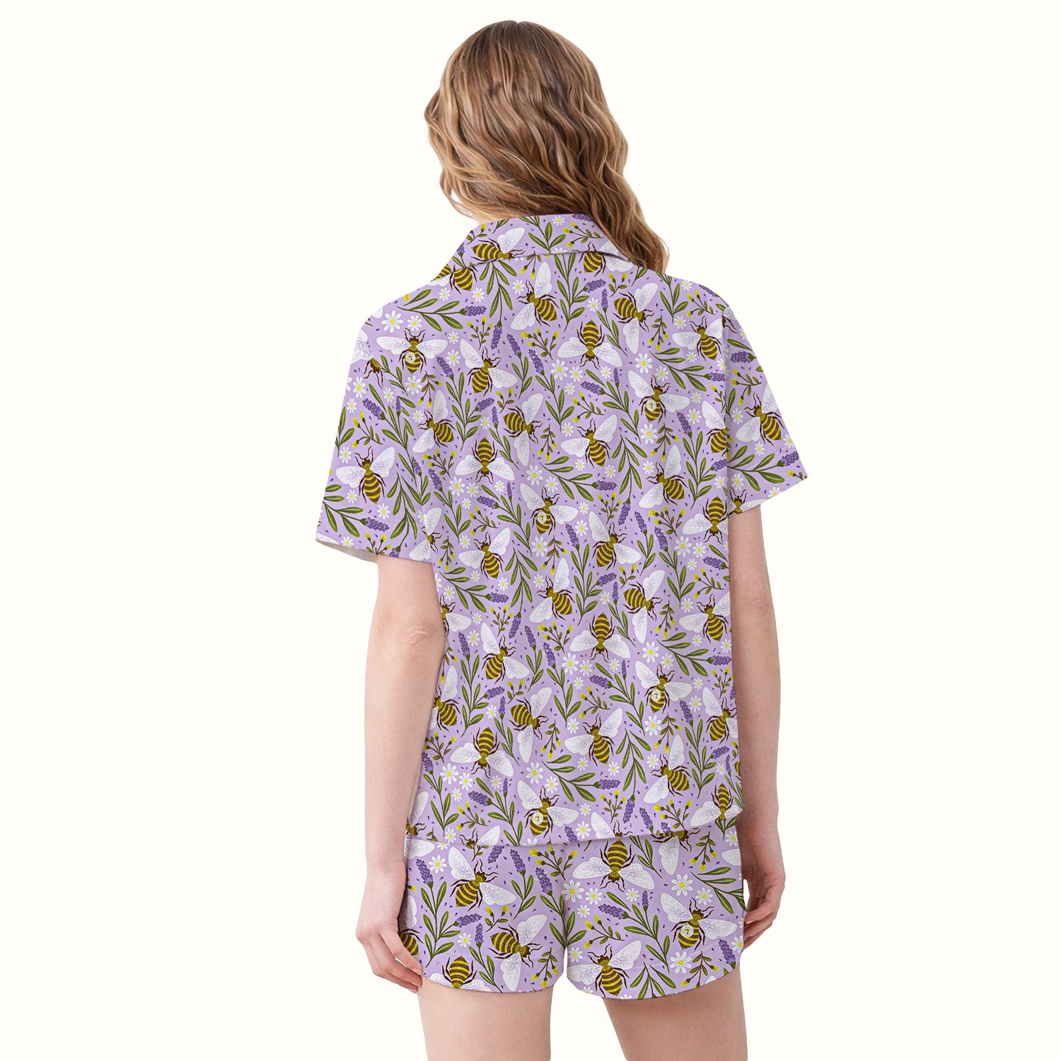 Cute Lavender Bee Floral Pattern Pajama Set, Soft Breathable Fabric Comfortable Sleepwear