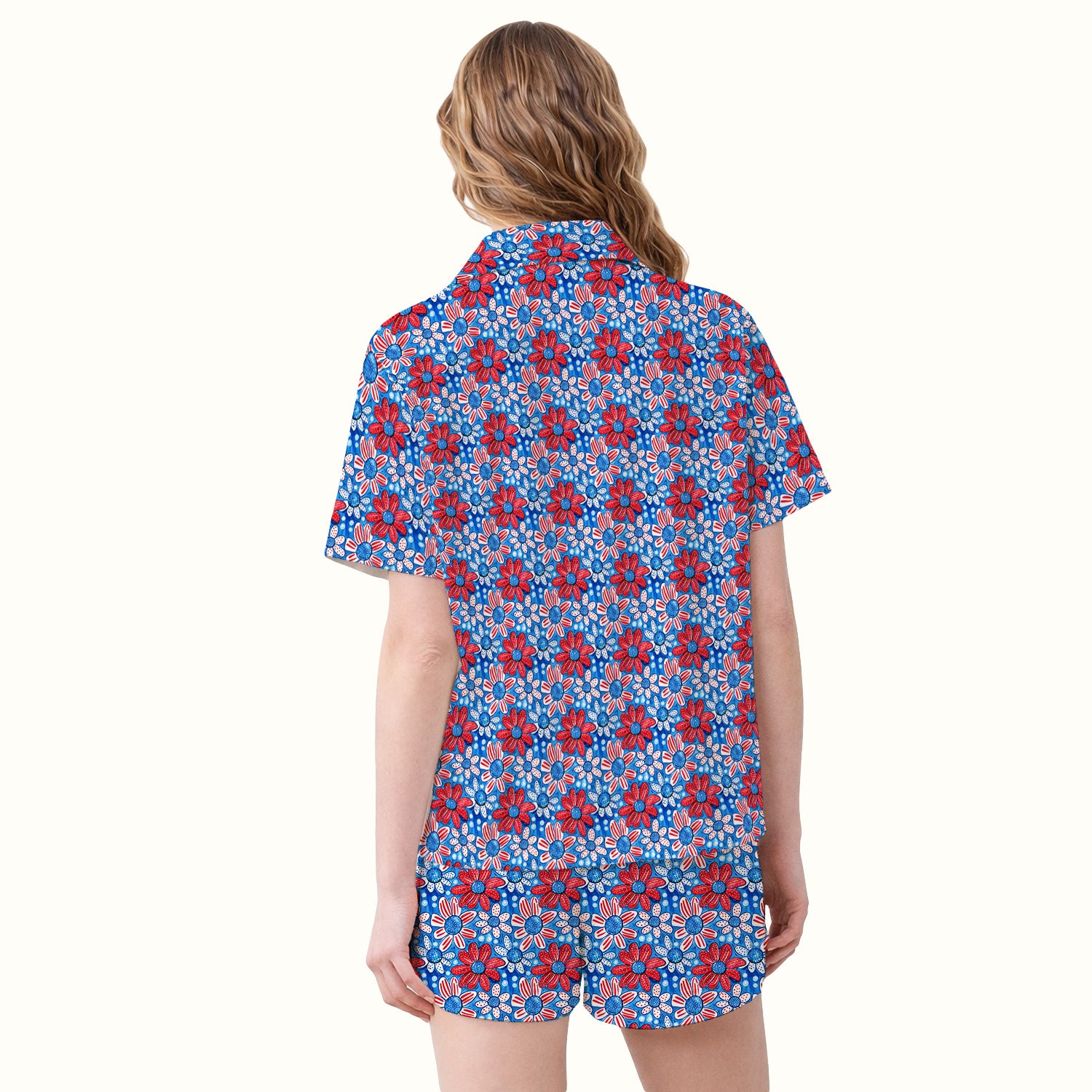 Cute Patriotic Daisy Blossom Repeat Pattern Pajama Set, Soft Breathable Fabric Comfortable Sleepwear