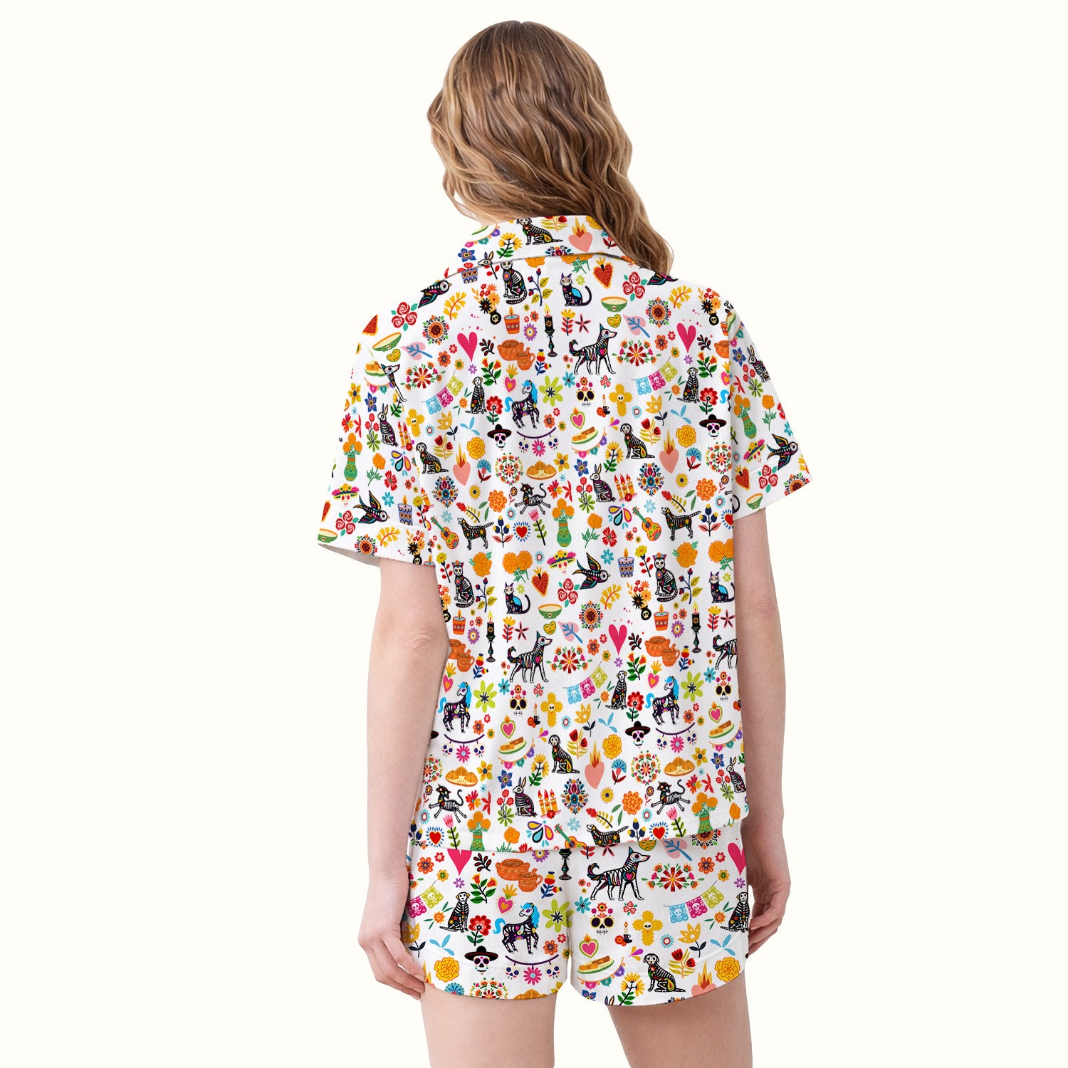 Day Of The Dead Sugar Skull Print Pajama Set, Soft Breathable Fabric Comfortable Sleepwear