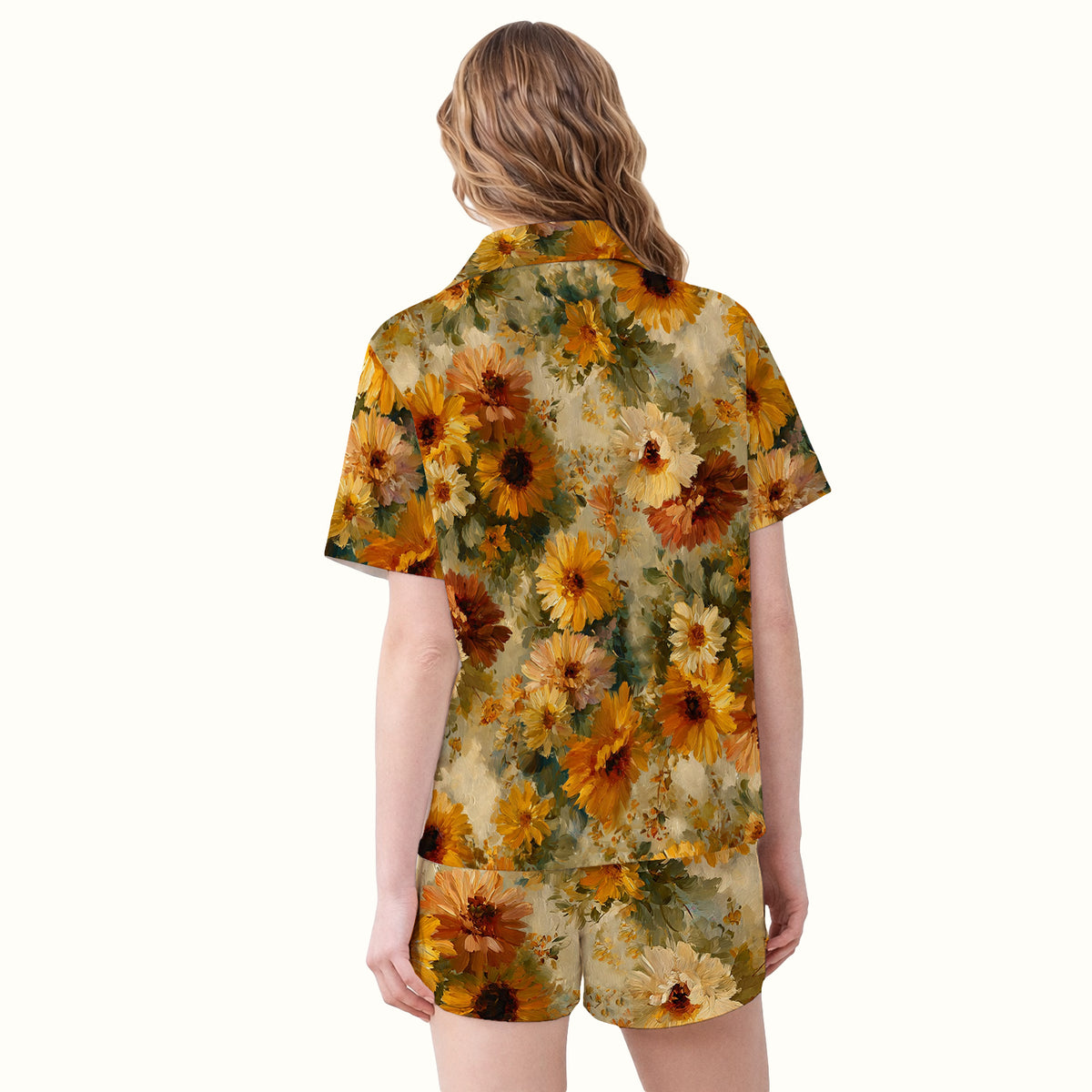Vintage Sunflower Oil Painting Pajama Set, Soft Breathable Fabric Comfortable Sleepwear