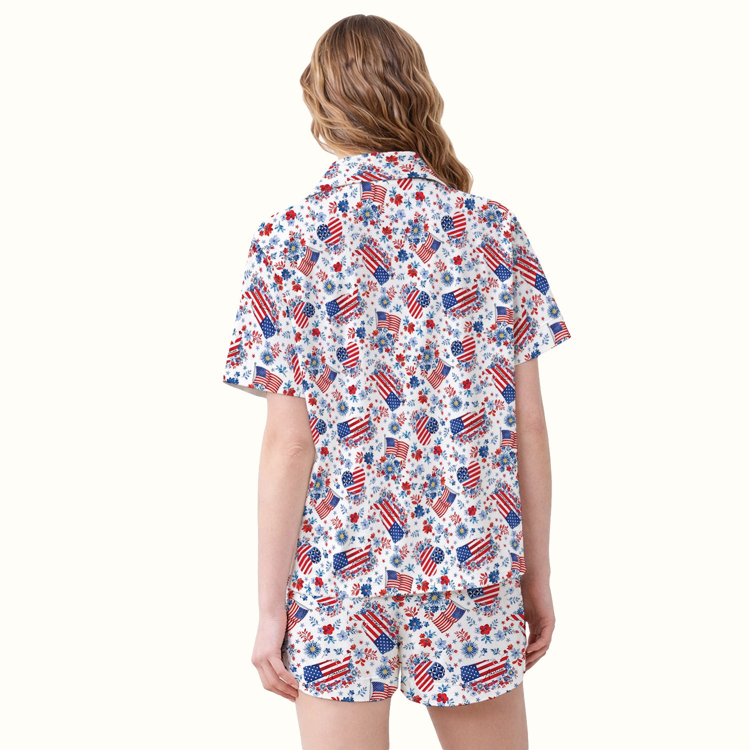 Festive American Flag Heart Floral Pattern Pajama Set, Soft Breathable Fabric Comfortable Sleepwear