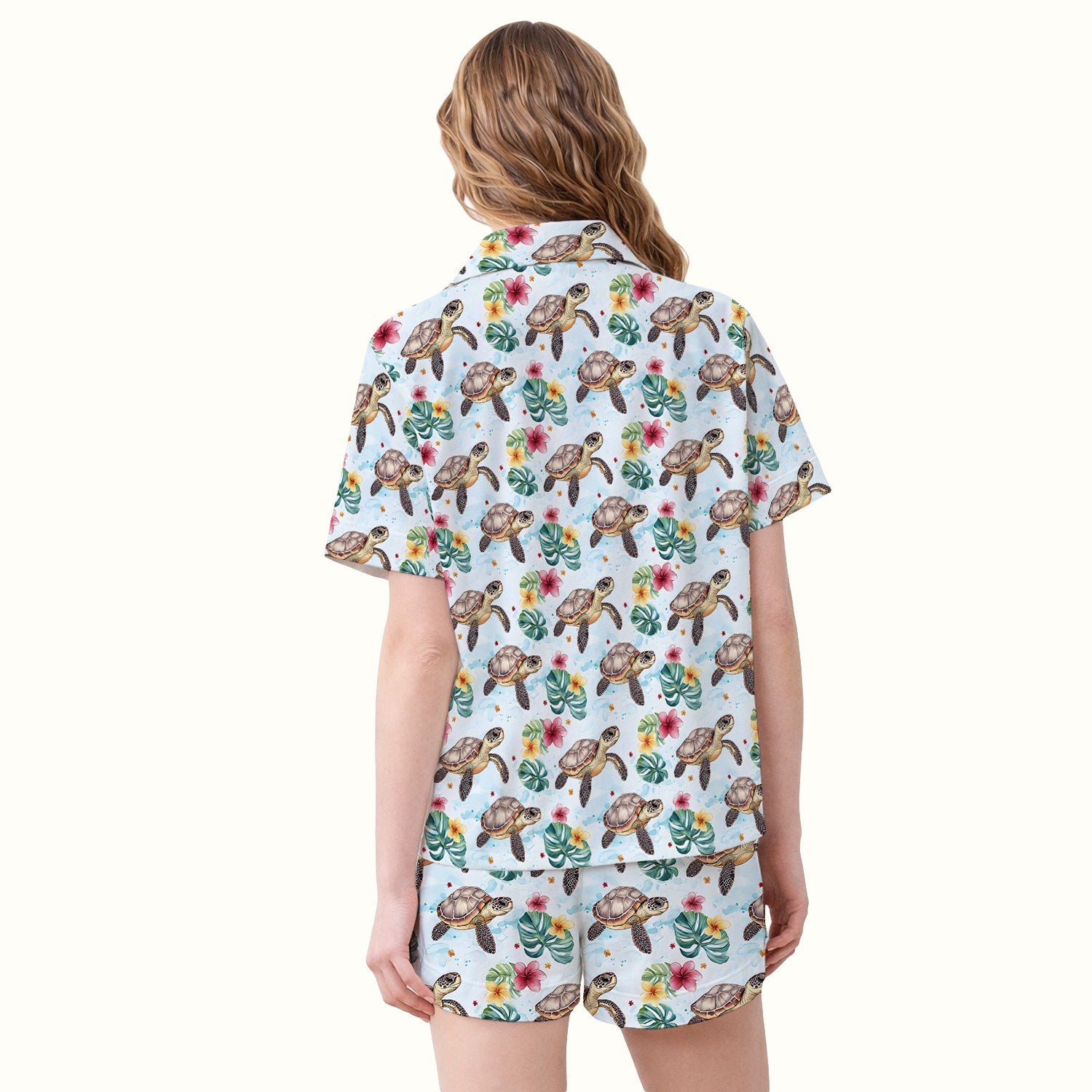 Sea Turtle Tropical Floral Pattern Pajama Set, Soft Breathable Fabric Comfortable Sleepwear