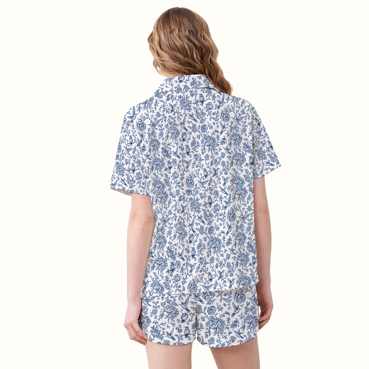 Blue Toile Hummingbird Floral Pattern Pajama Set, Soft Breathable Fabric Comfortable Sleepwear