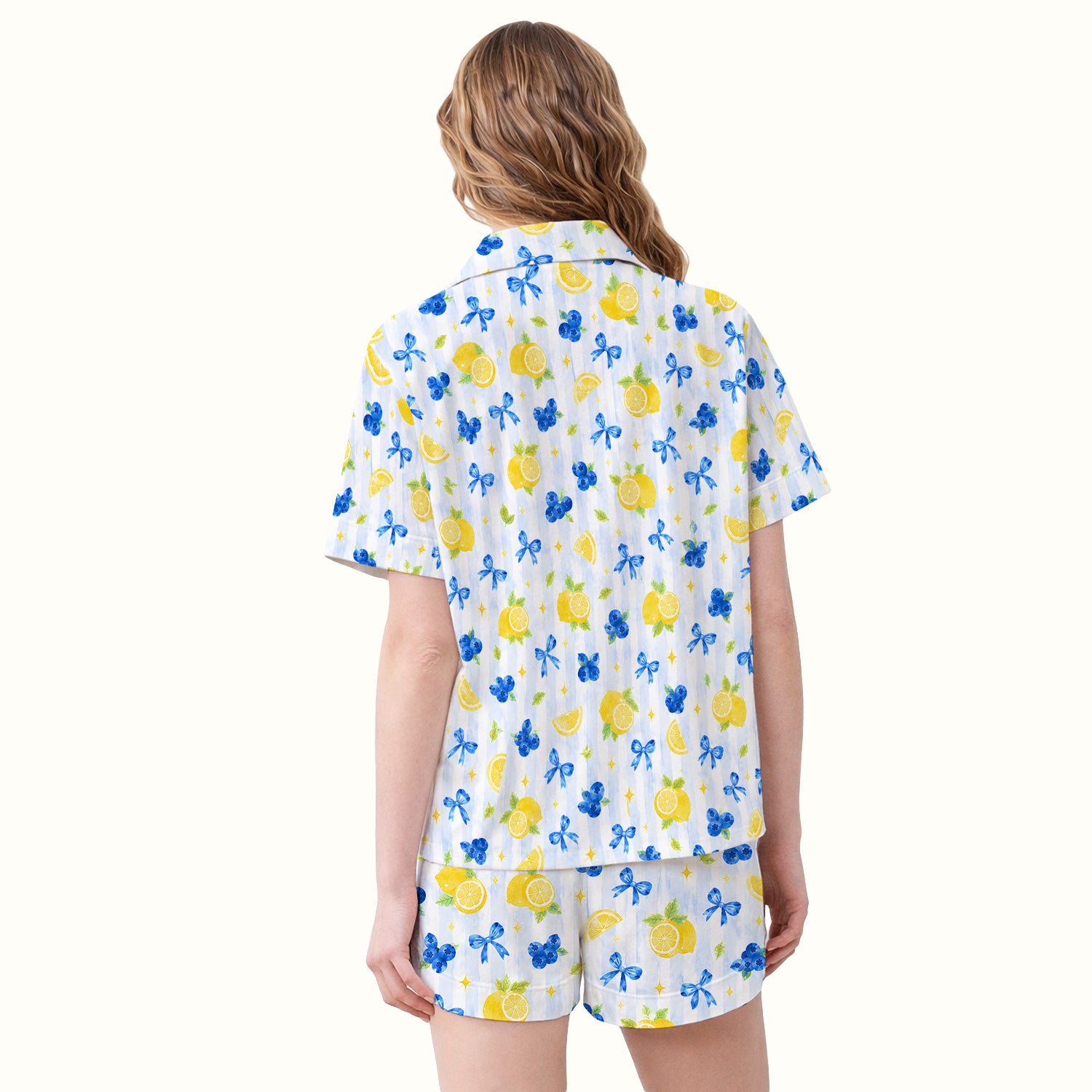 Lemon Blueberry Bow Nurse Print Pajama Set, Soft Breathable Fabric Comfortable Sleepwear