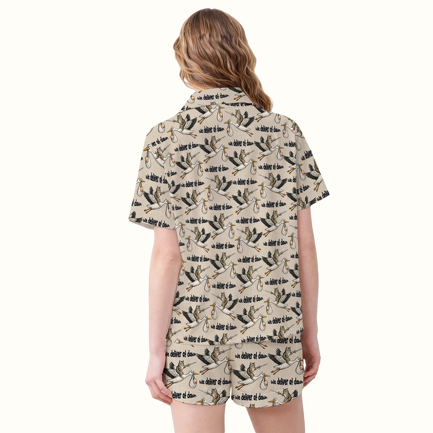 Funny Stork Cat Delivery Pattern Pajama Set, Soft Breathable Fabric Comfortable Sleepwear