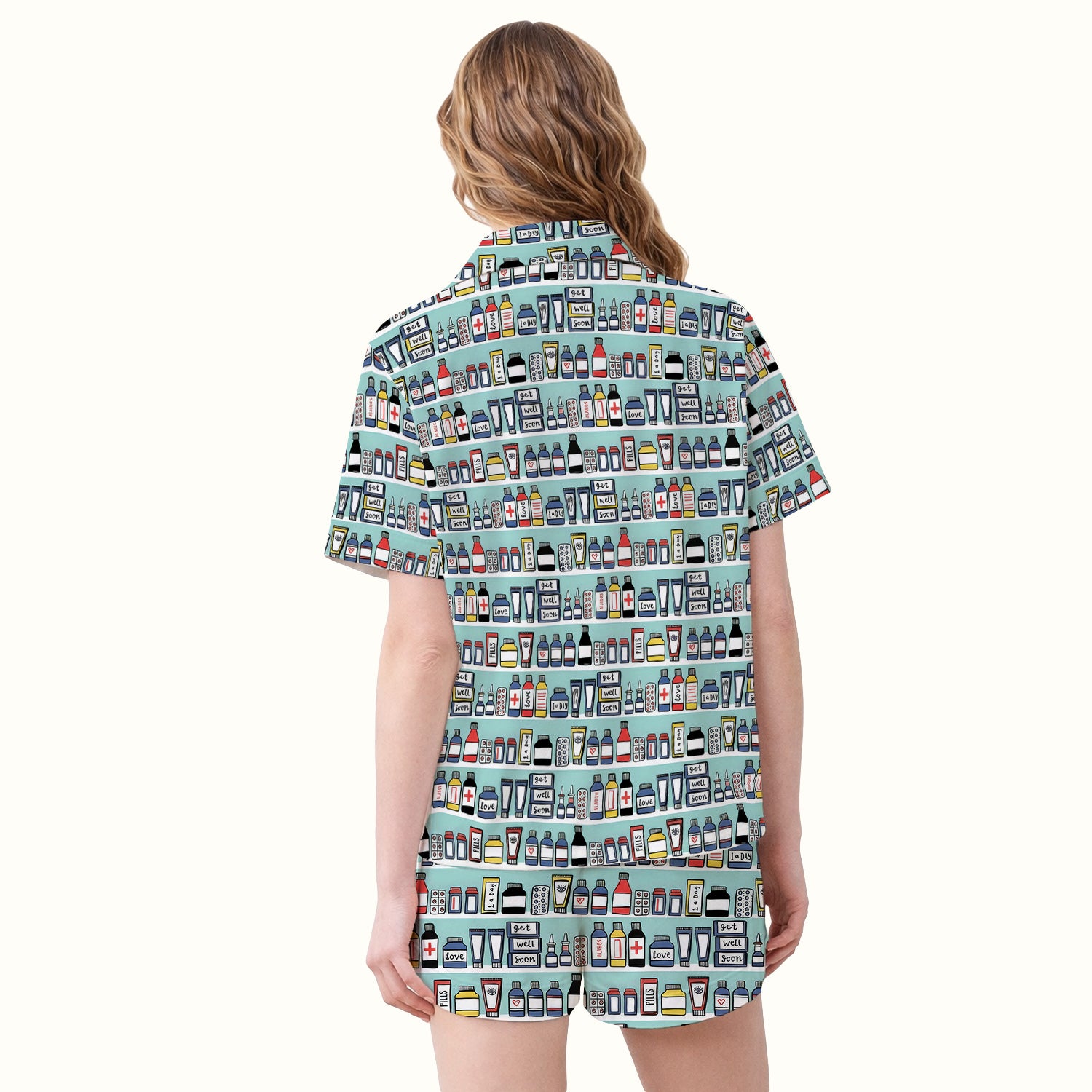 Medicine Bottle Pharmacy Pills Care Pattern Pajama Set, Breathable Fabrics Uniform