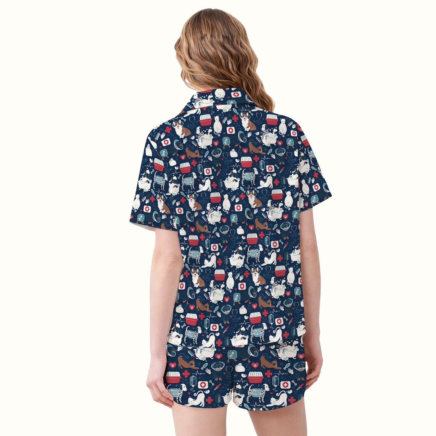 Dogs With Veterinary Tools And Paw Print Pajama Set, Breathable Fabrics Uniform